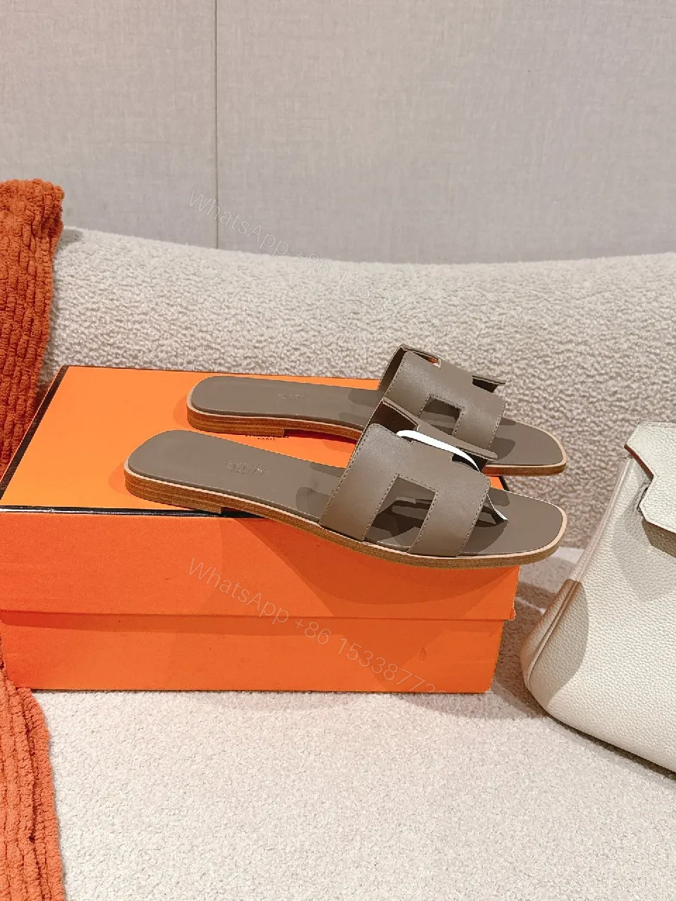 View 6 of Taupe Leather Sandals: Architectural Cutouts, Cushioned Comfort