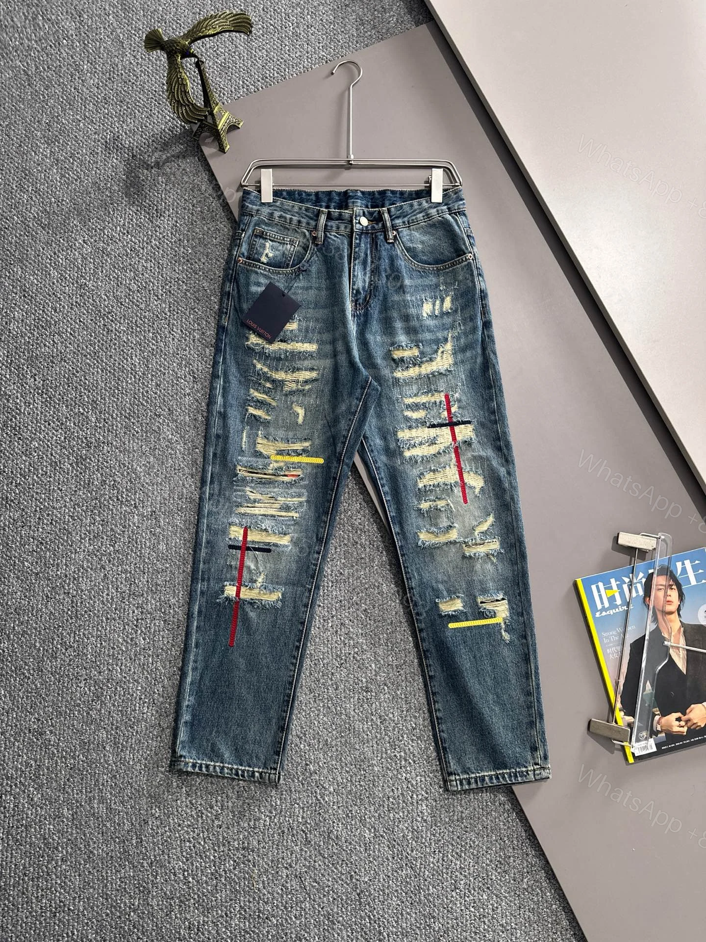 LV 高仿男士牛仔褲重工破壞彩線街頭潮流款 — view 1
