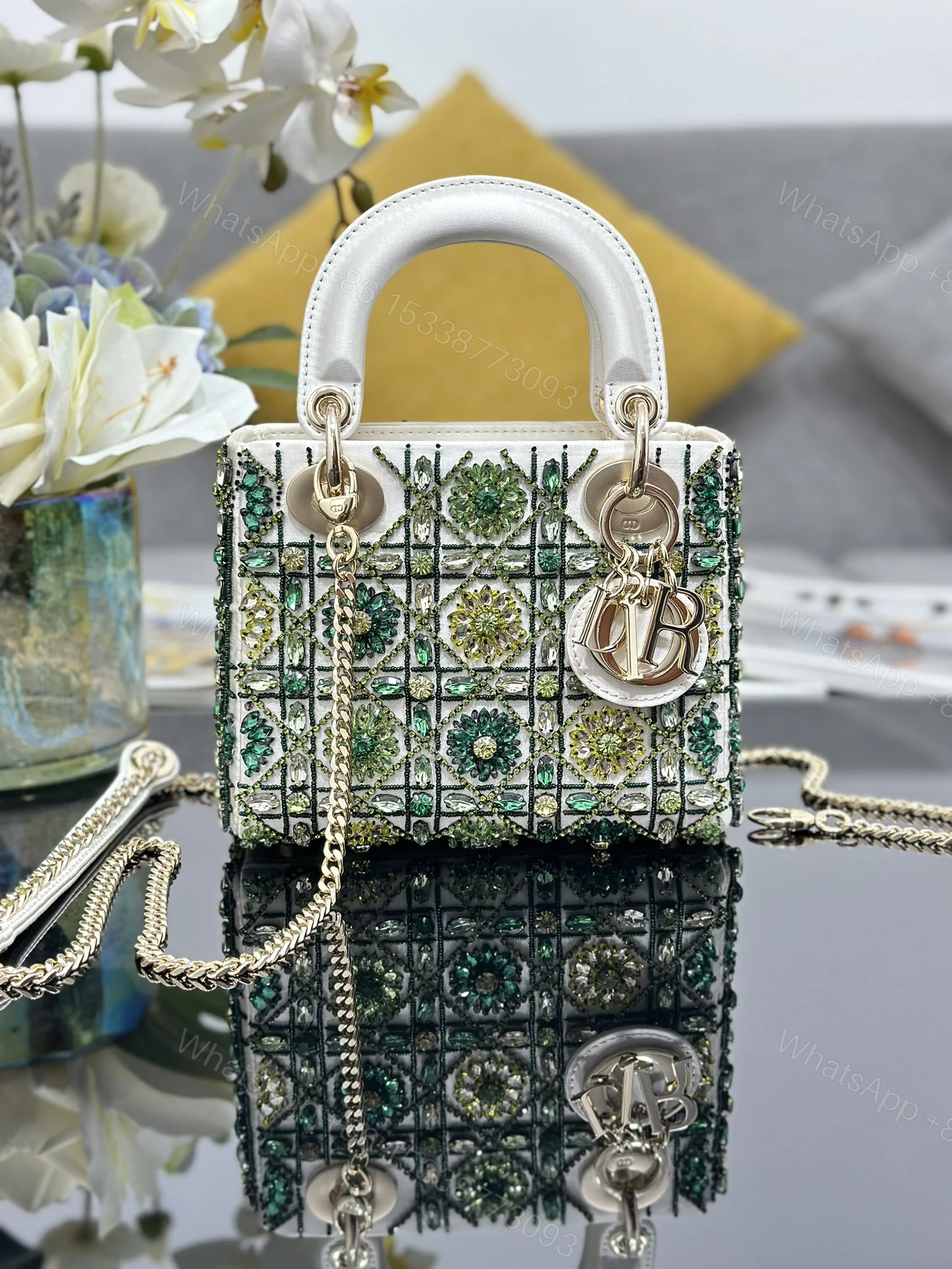 高仿Dior Lady Dior綠色寶石刺繡迷你戴妃包鏈條女包 — view 1