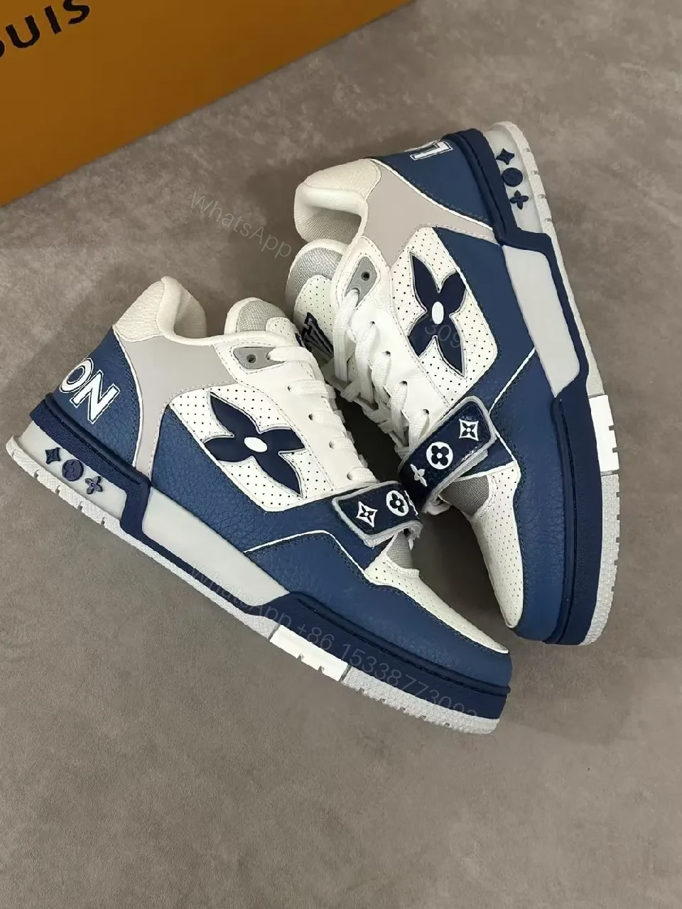 View 8 of White & Navy Perforated Leather Lace Sneakers - All-Day Comfort