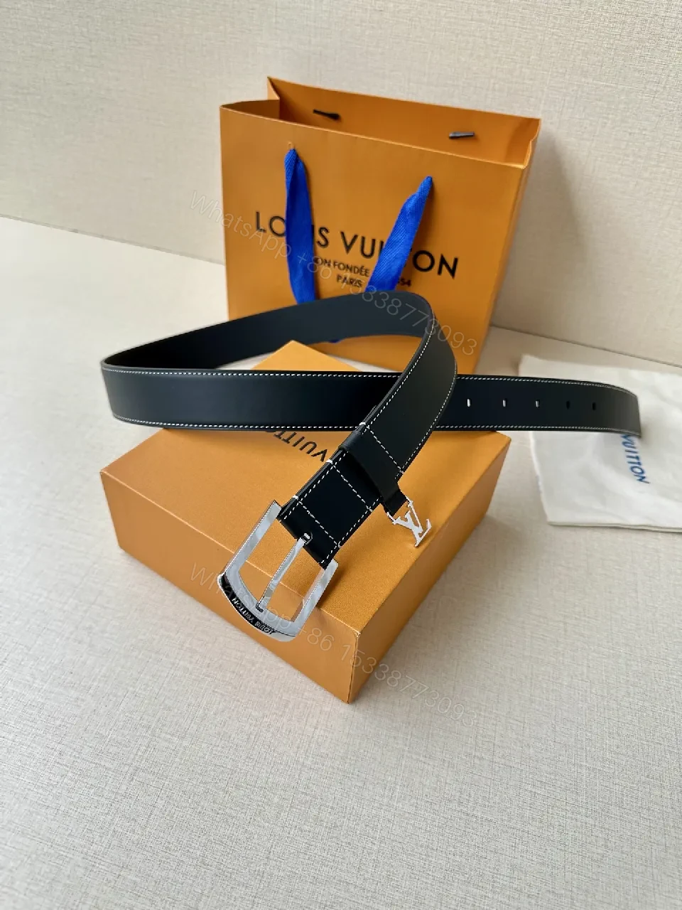 View 6 of Black Leather Belt with Silver Buckle, LV-Inspired Charm