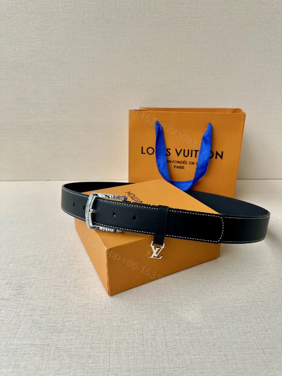 Black Leather Belt with Silver Buckle, LV-Inspired Charm — view 1