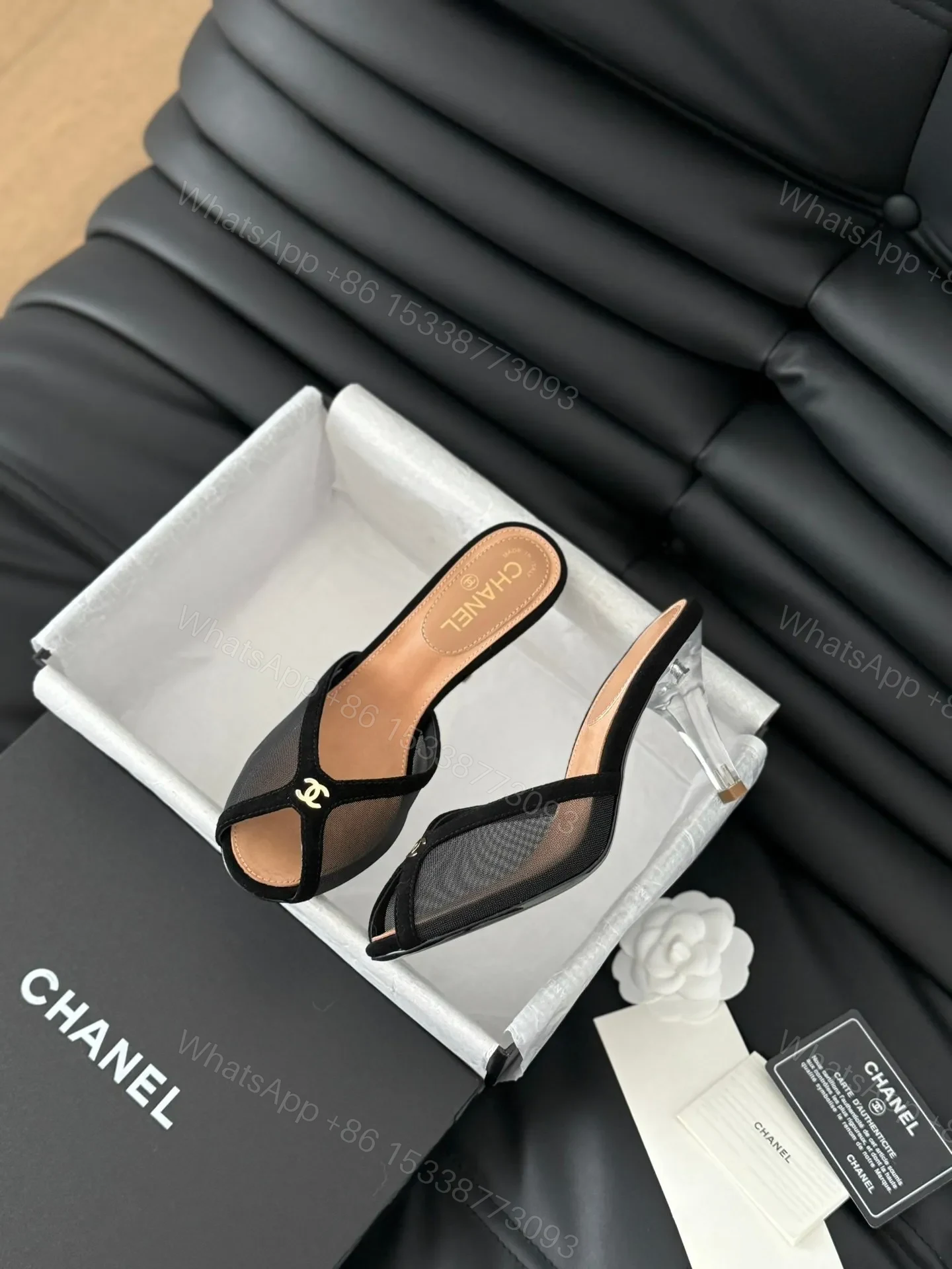 View 5 of Chanel Women Black Mesh Logo Slide Sandals