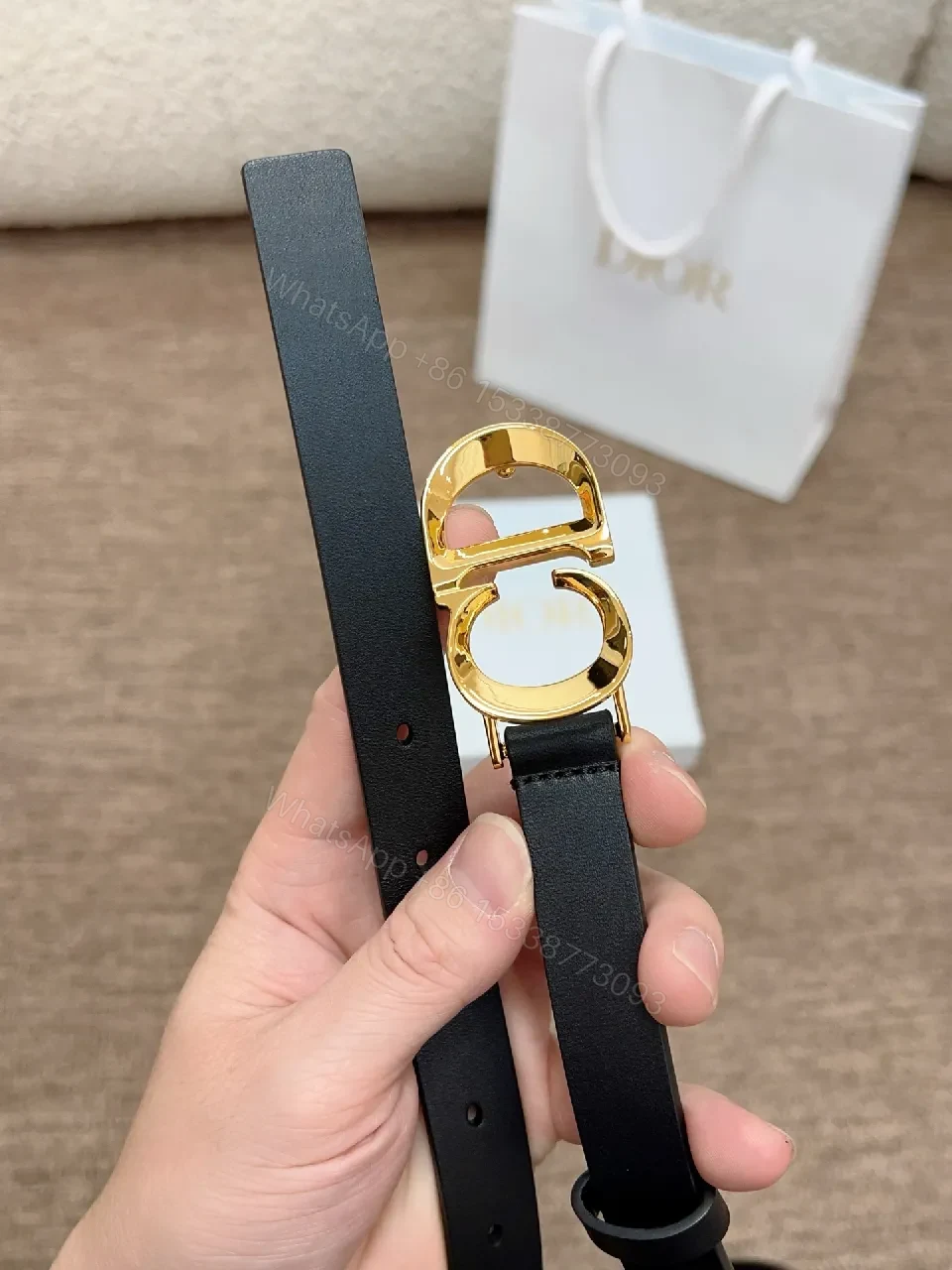 View 7 of Minimal Band Leather Belt with Gold CD Buckle