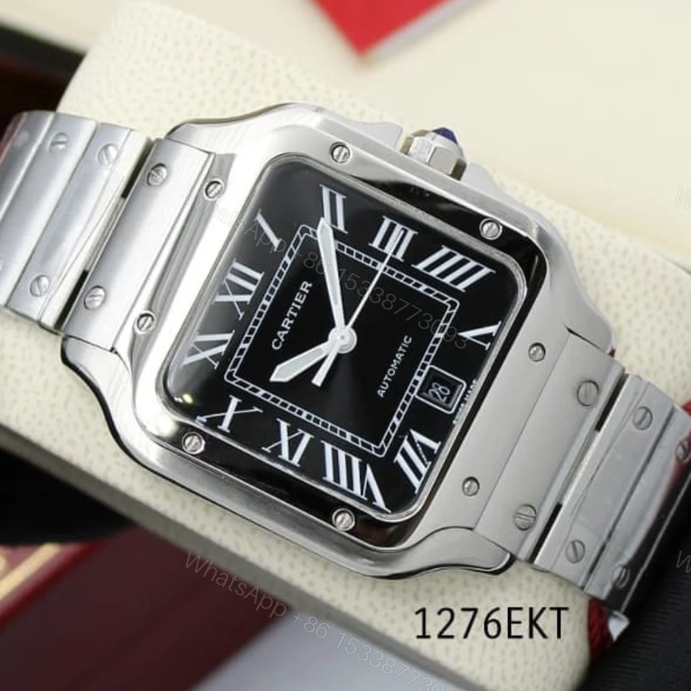 Cartier Mens Santos Stainless Steel 47mm Black Roman Dial Watch — view 1