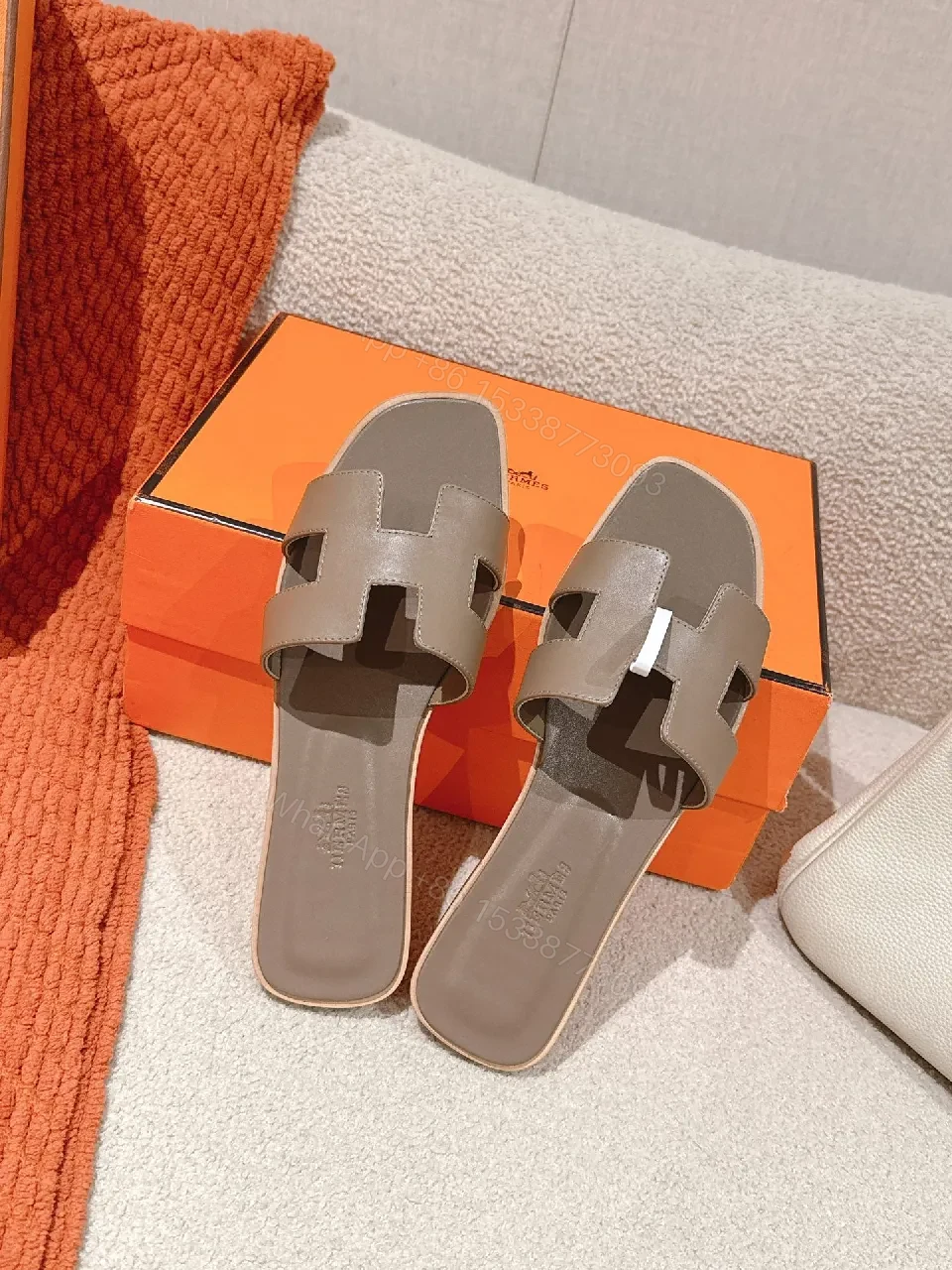 View 8 of Taupe Leather Sandals: Architectural Cutouts, Cushioned Comfort