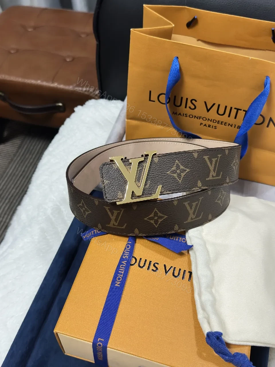 Monogram Belt with Gold Buckle - Premium Leather Style, Statement Belt — view 1