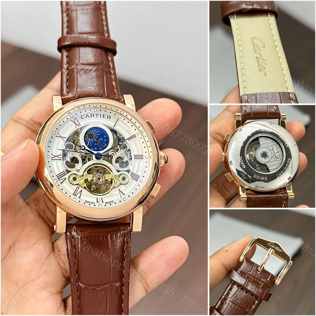 First Copy Cartier Skeleton Moonphase Automatic Watch With Rose Gold Case And Brown Leather Strap — view 1