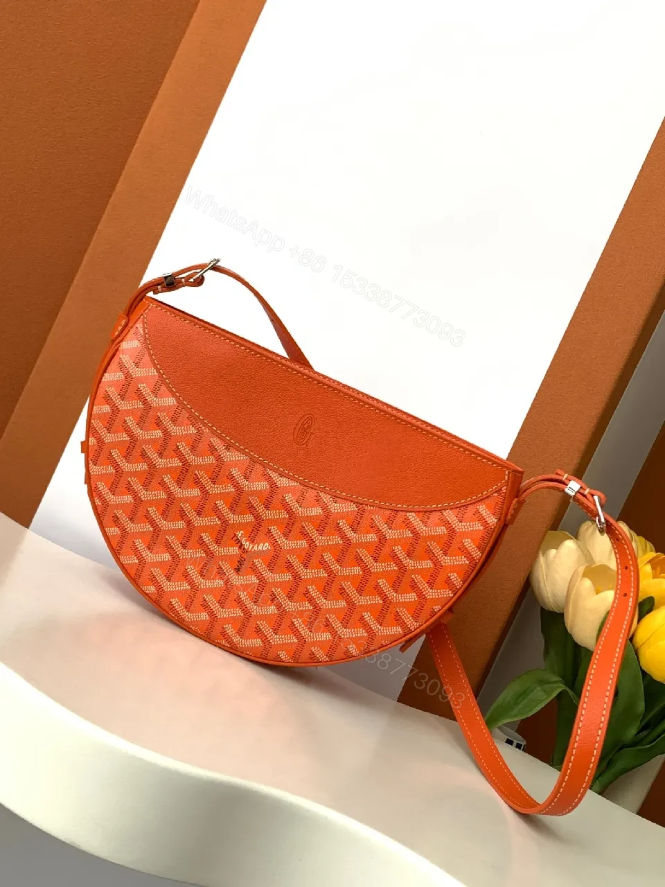 Coral Calfskin Crossbody: Compact Luxury, Geometric Motif Bag — view 1