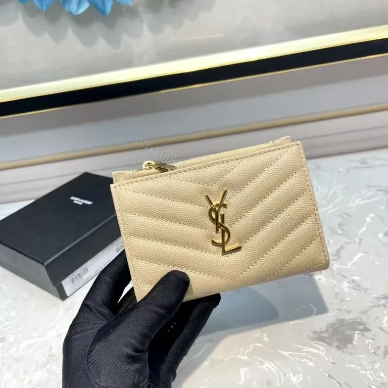 Beige Chevron Cardholder — Lux Calfskin, Gold YSL Signature — view 1