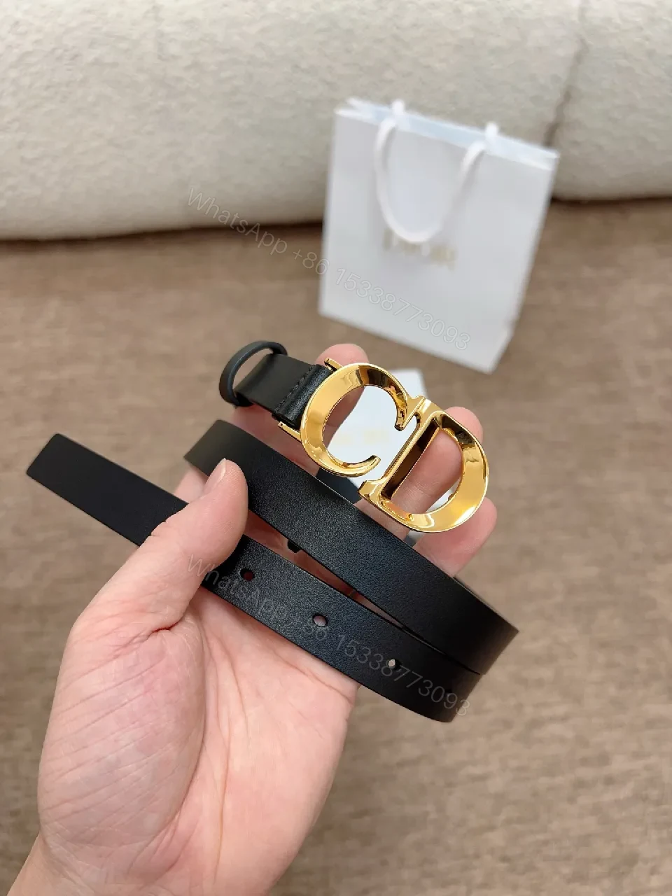 View 6 of Minimal Band Leather Belt with Gold CD Buckle