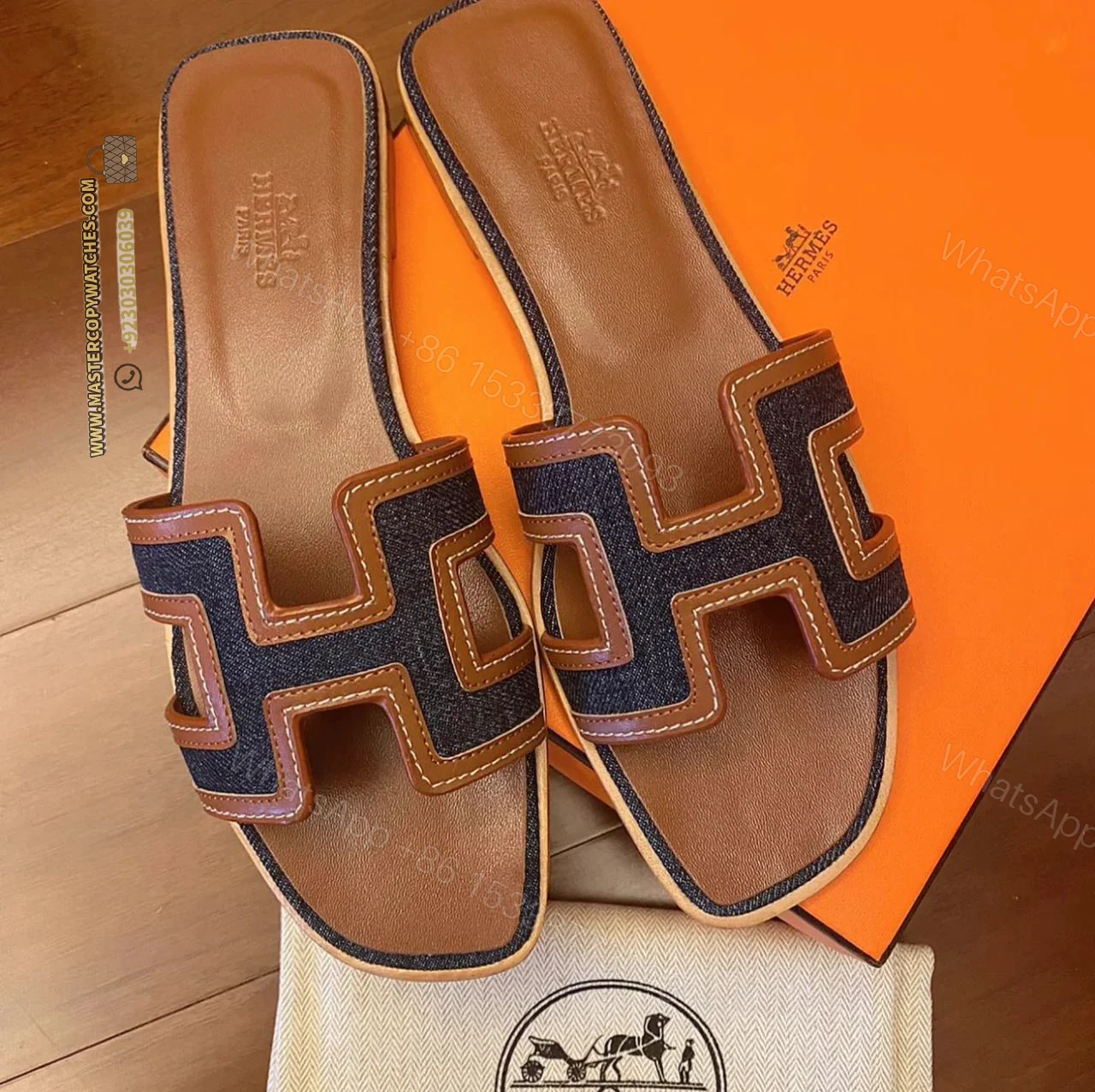 Hermes Ladies Sandals Flat Oran Brown & Demin — view 1