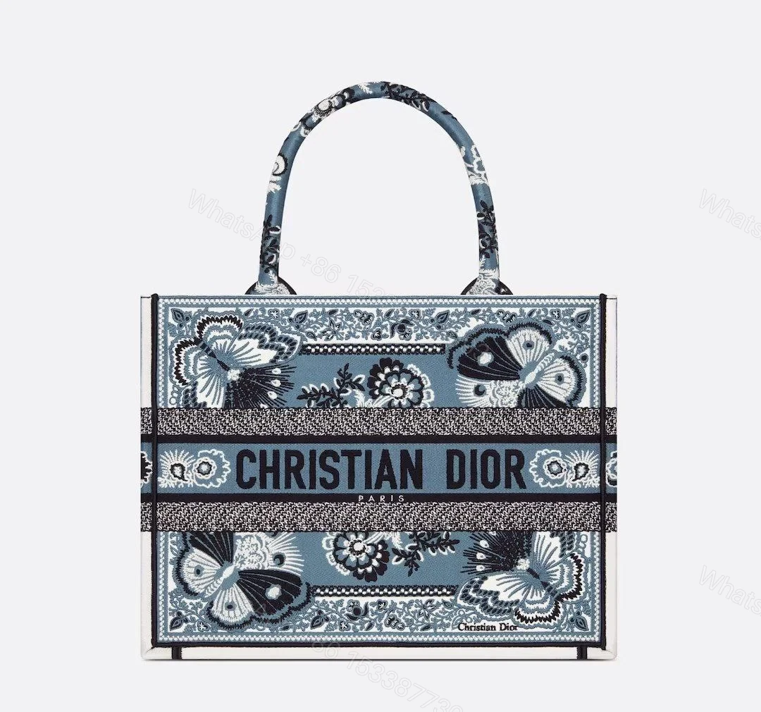 Design MEDIUM BOOK TOTE Denim Blue Multicolor Butterfly Bandana Embroidery (36 x 27.5 x 16.5 cm) – Dubai Fashion LUX — view 1