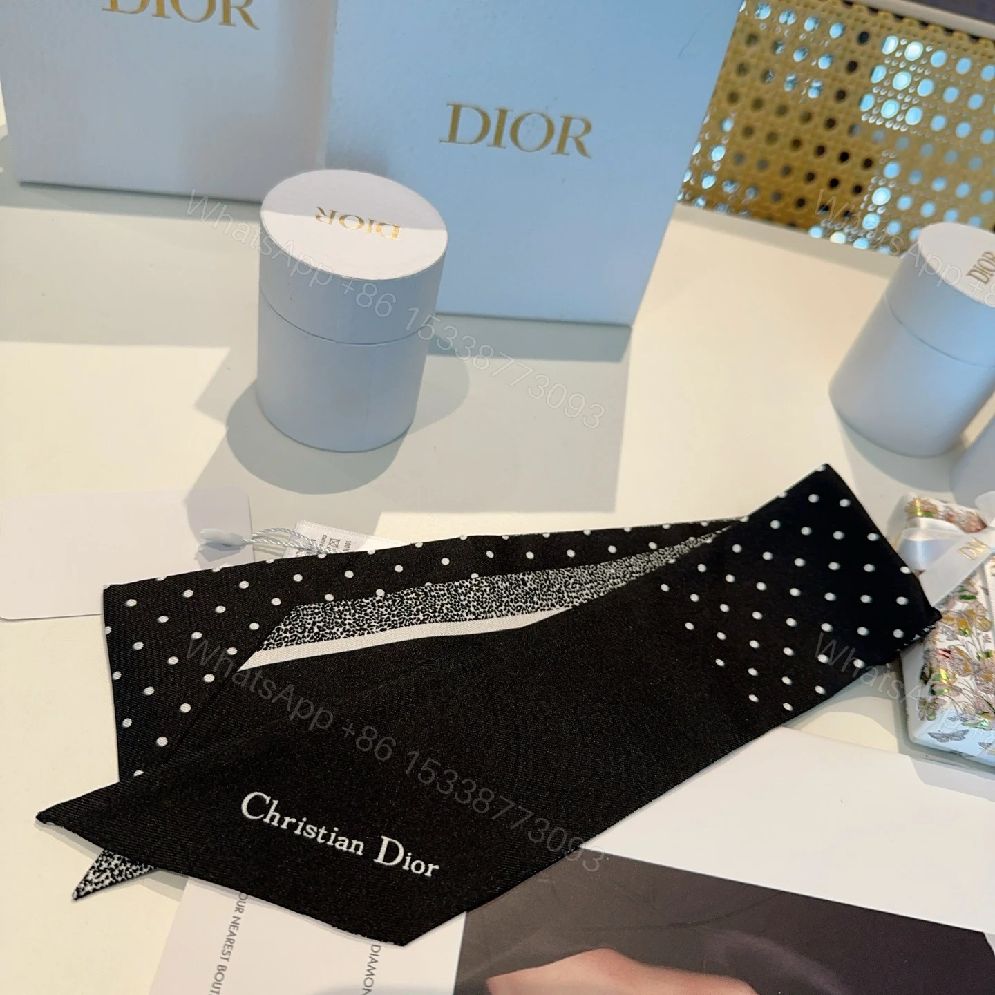 Dior一比一星芒印花絲巾髮帶 粉色雙面窄版精品飄帶 — view 1