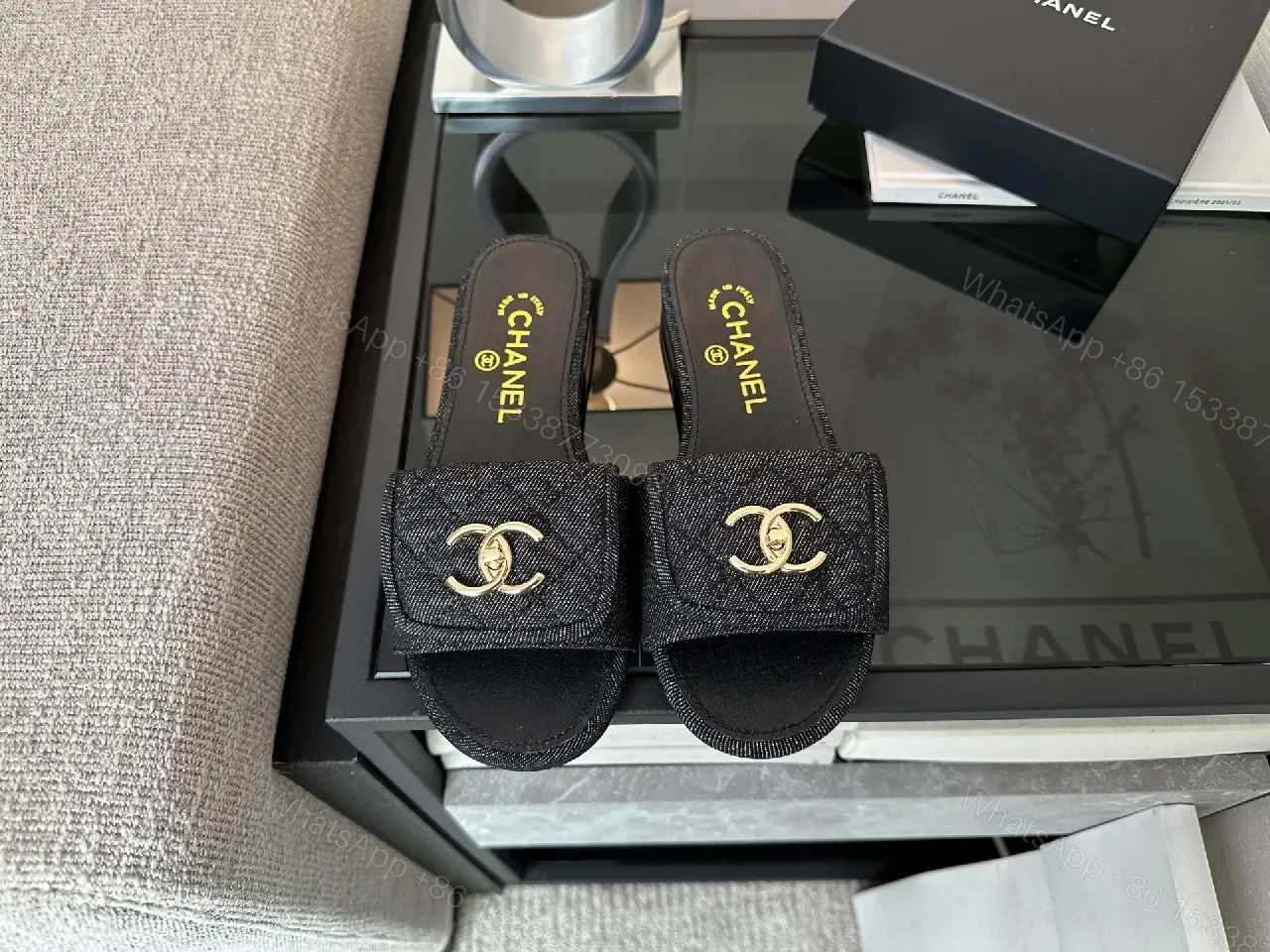 View 5 of Chic Denim Slip-Ons with Gold Interlock Hardware