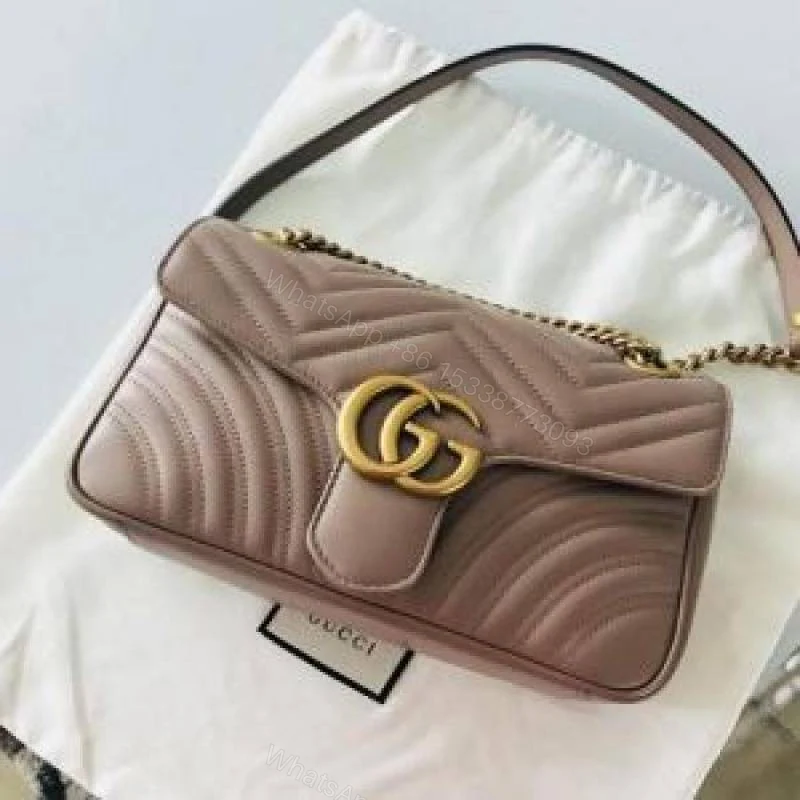 First Copy Gucci Marmont Taupe Quilted Shoulder Bag With GG Logo And Gold Chain Strap — view 1