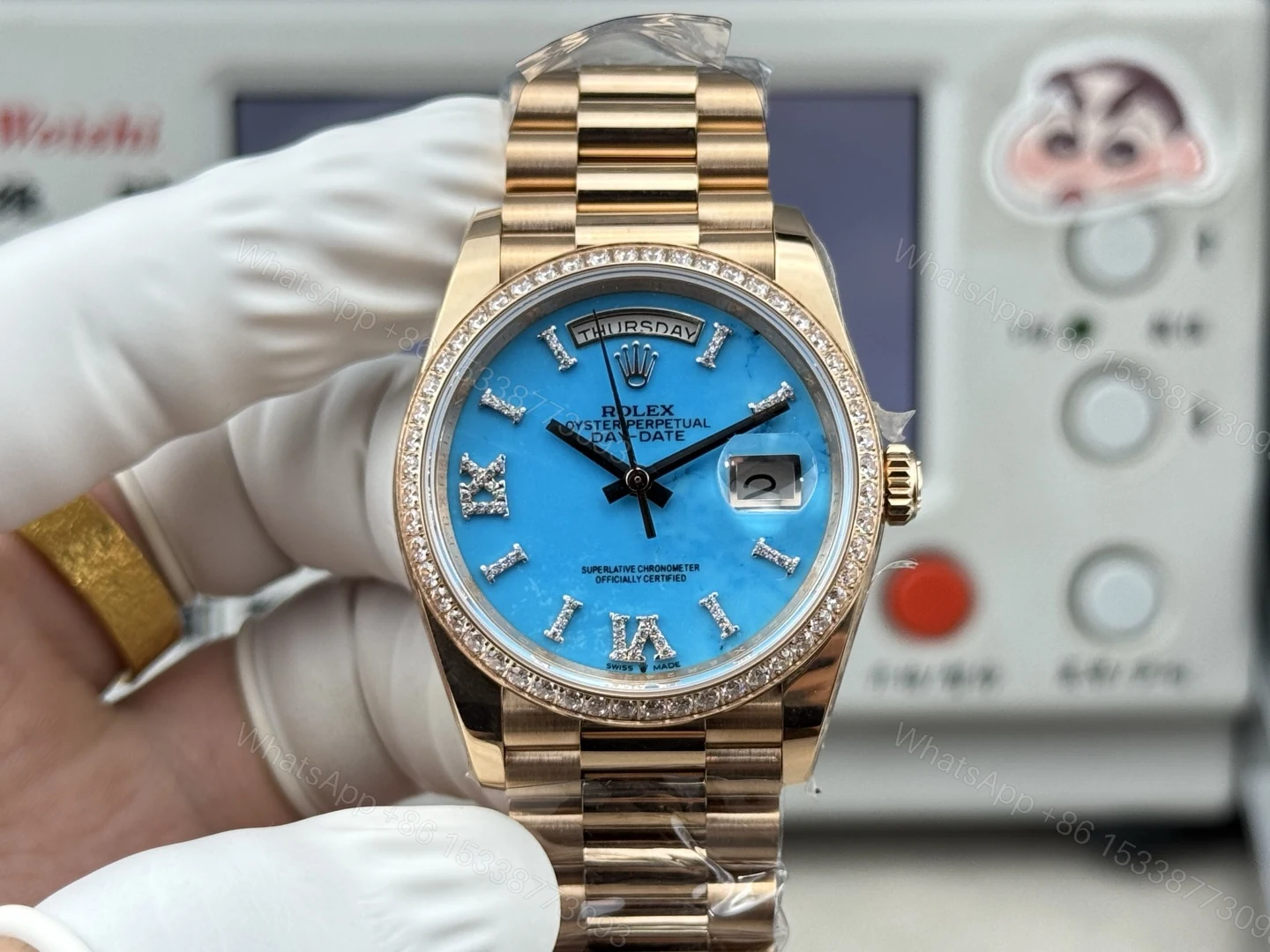 勞力士 高仿 Day-Date 冰藍面鑽刻度男款機械腕錶 玫瑰金商務風 — view 1