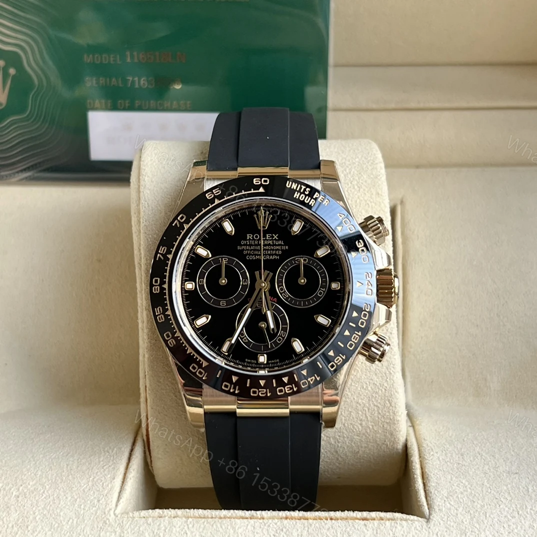 Rolex 高仿 男款 Daytona 黑面橡膠帶玫瑰金計時腕錶 經典運動款 — view 1