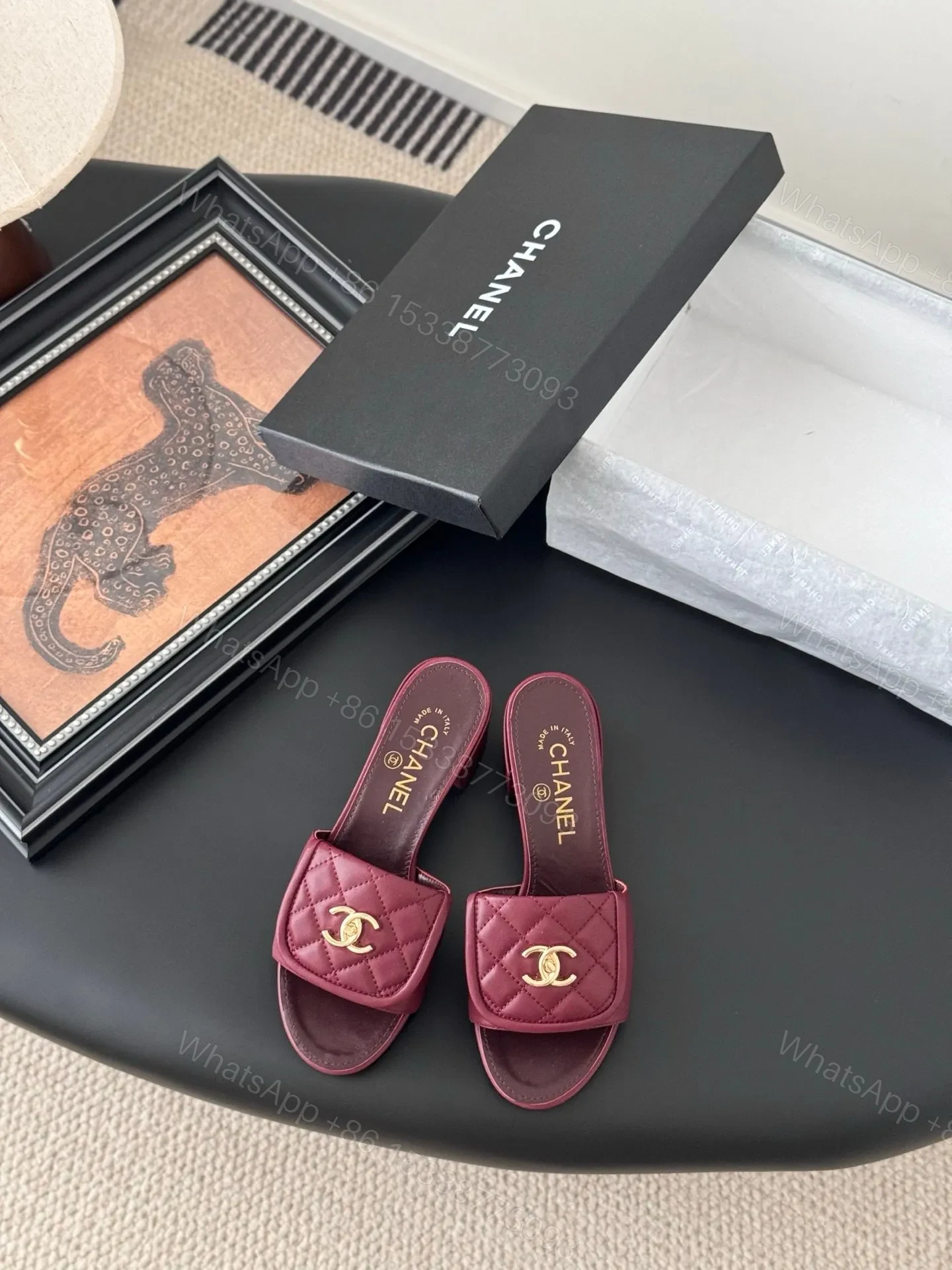 Chanel Women Burgundy Quilted Leather Mules — view 1