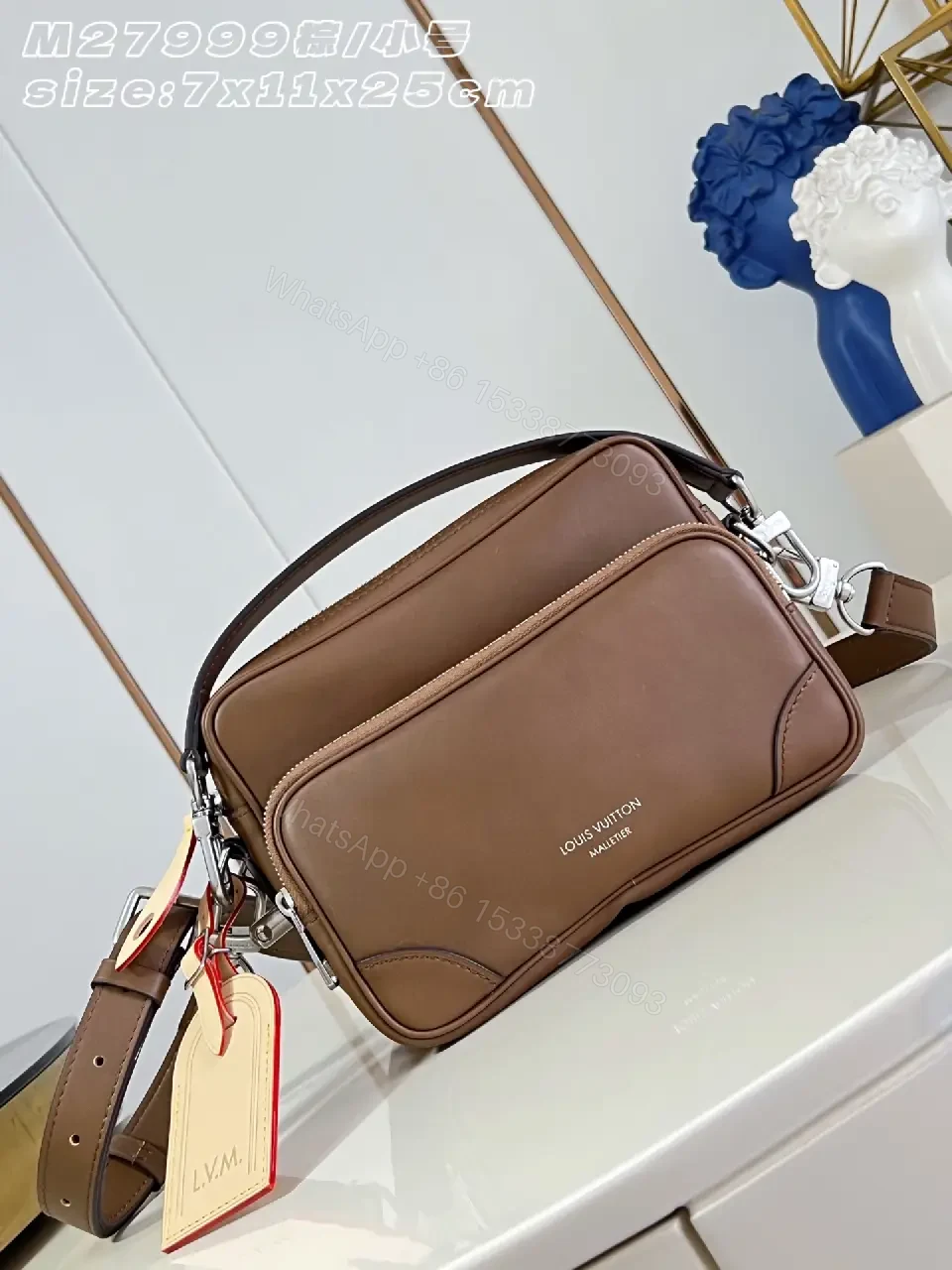 View 7 of Brown Leather Compact Crossbody Bag with Double Zippers
