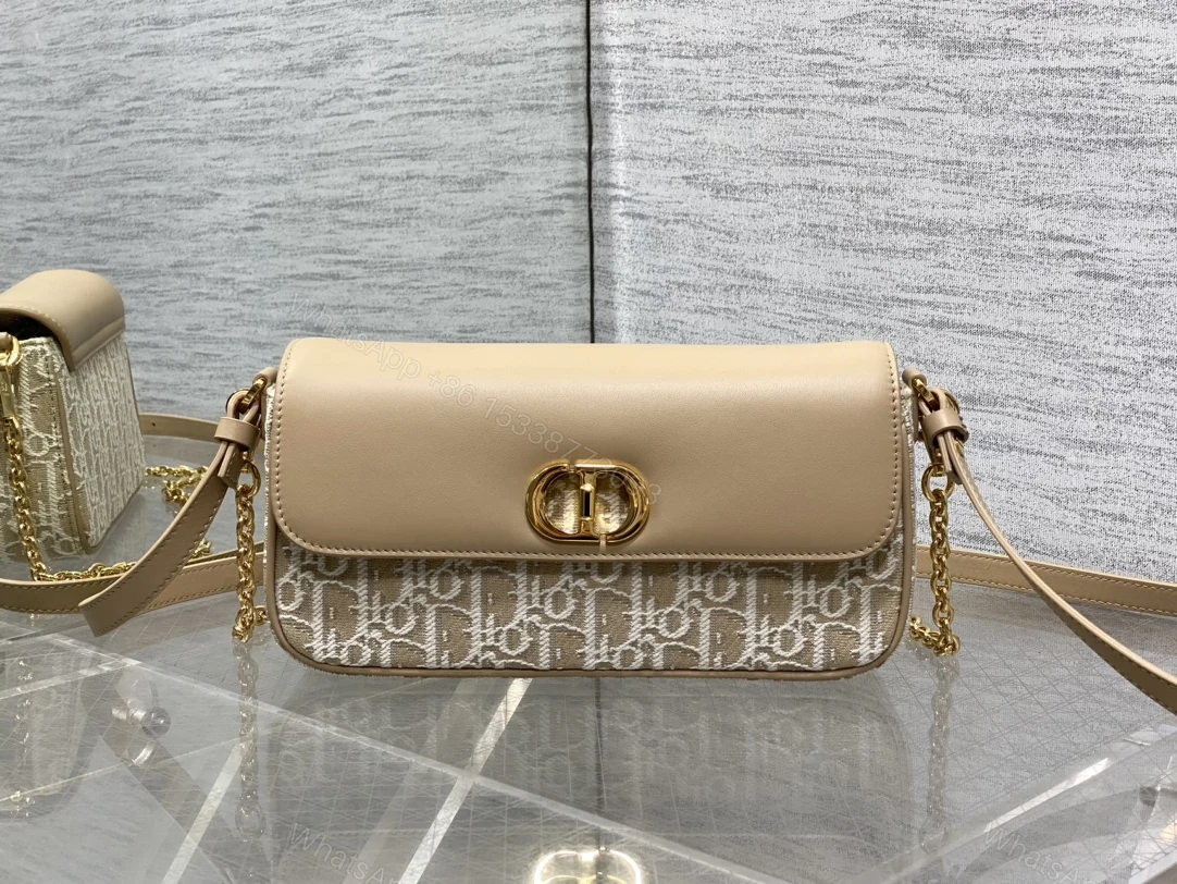 Dior原單30 Montaigne拼接斜背包 奶茶色織布女用鏈條款 — view 1