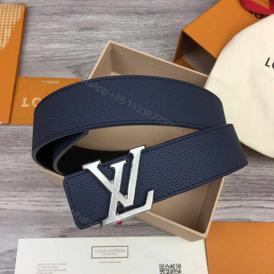 LV 原單深藍色粒面牛皮銀扣腰帶 男士精品百搭皮帶 — view 1