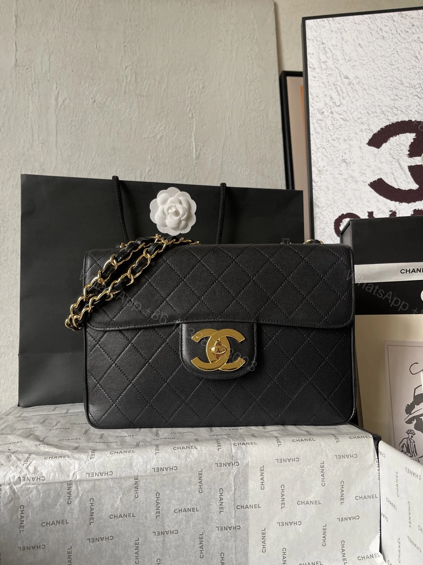 CHANEL 高仿復古金扣菱格鏈條包 黑色翻蓋通勤手袋 — view 1