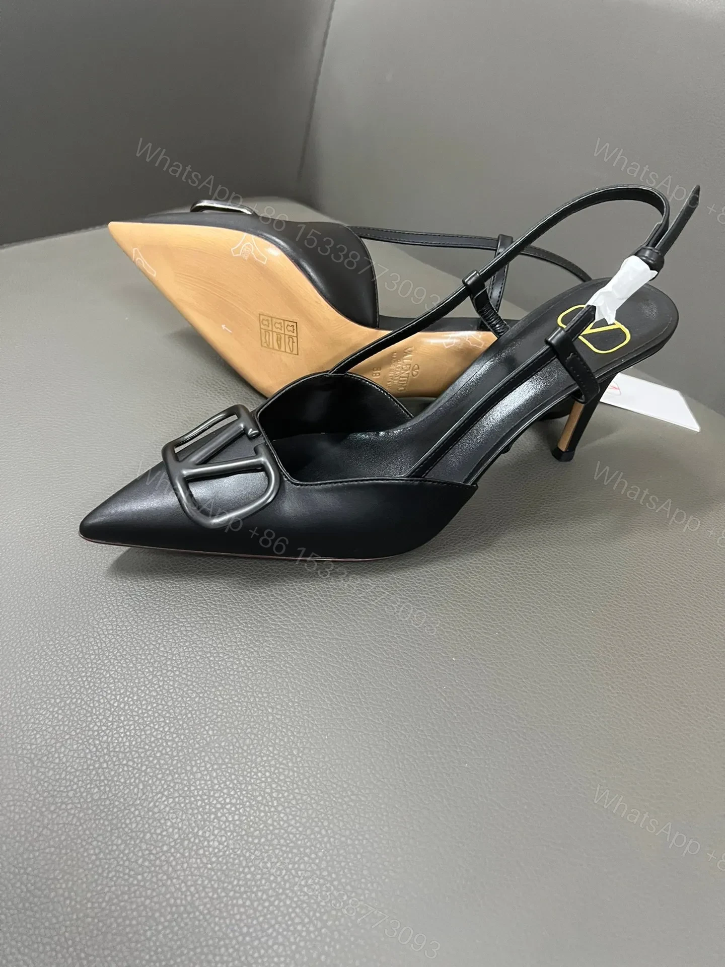 View 6 of Valentino Women Black Leather Pointed Slingback Pumps