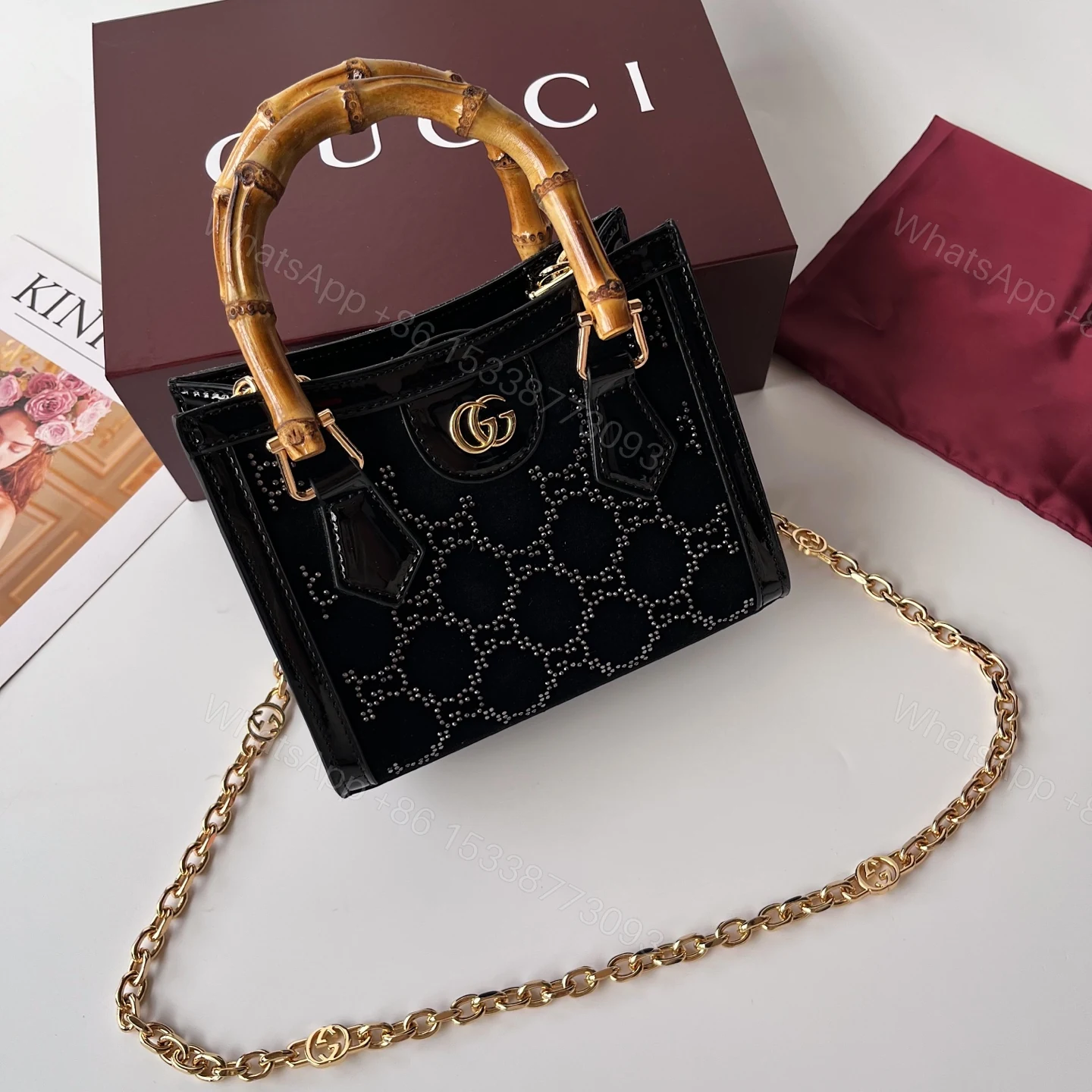 Gucci Diana 竹節手提包 黑色亮面皮革 迷你鍊條斜背包 — view 1
