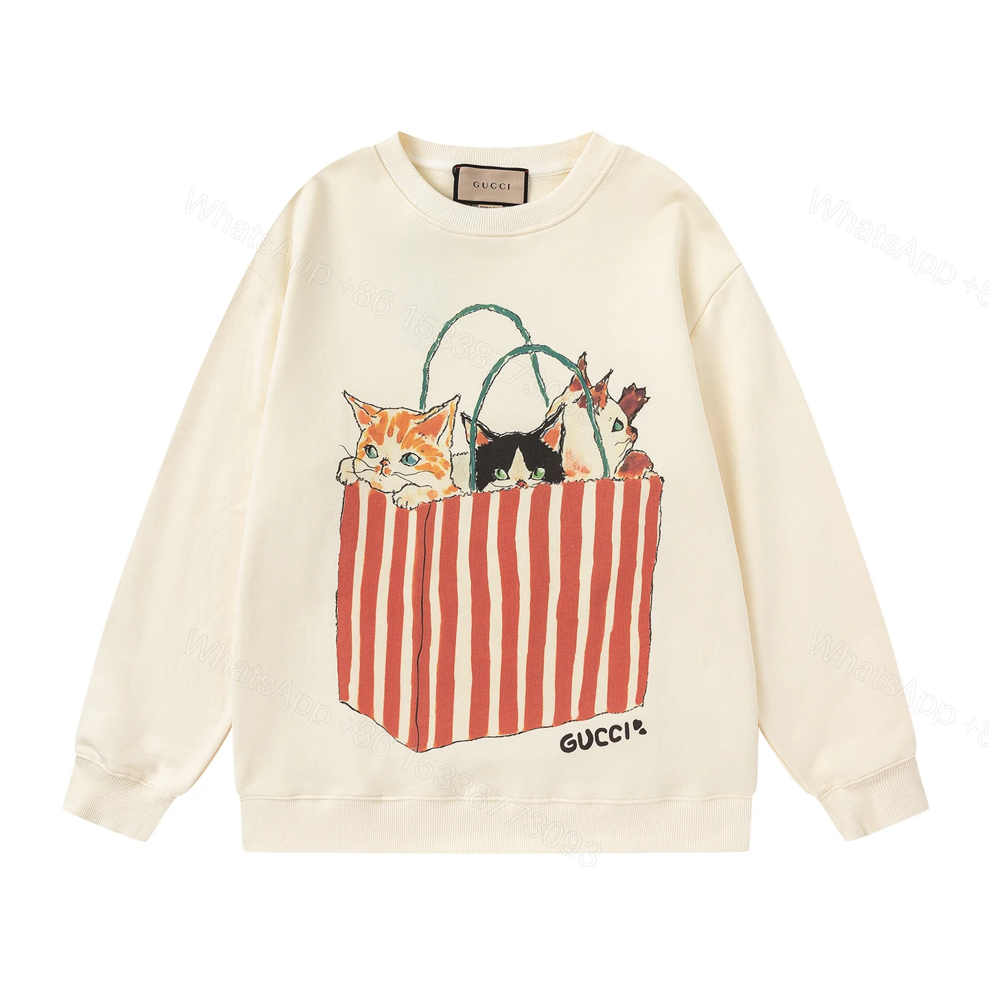 Gucci 一比一插畫長袖 貓咪紙袋趣味圖案 奶油白圓領上衣 — view 1