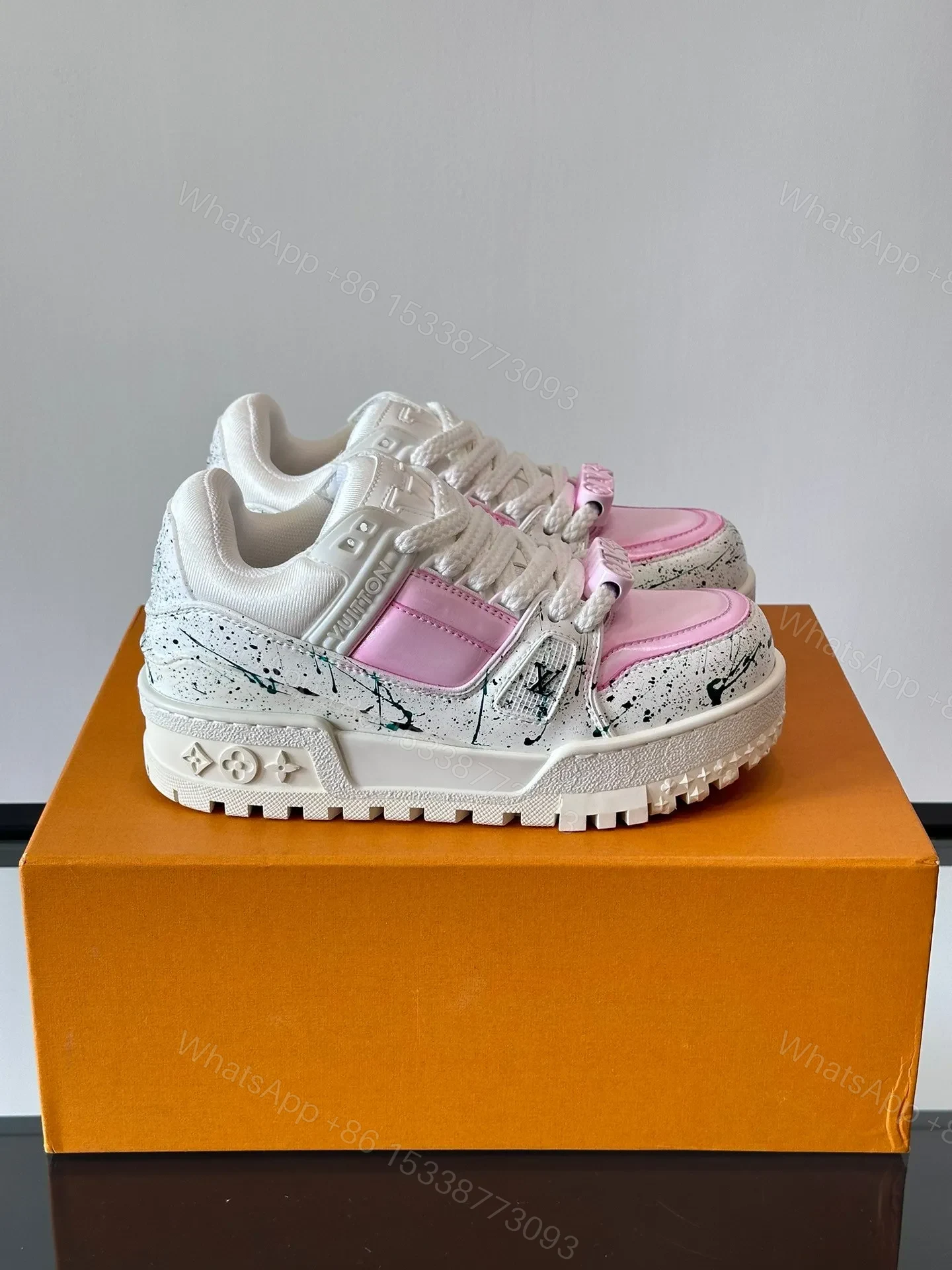 LV Men White Pink Leather Sneakers — view 1