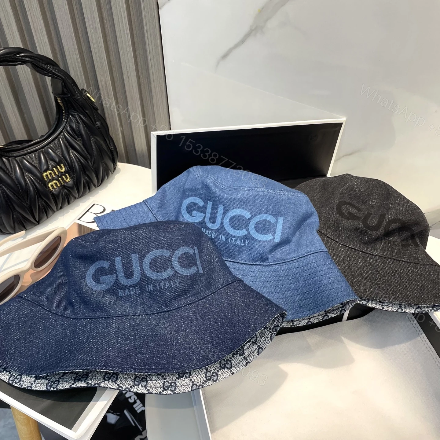 GucciA貨牛仔漁夫帽 男女款黑灰藍三色 經典Logo帽緣設計款 — view 1