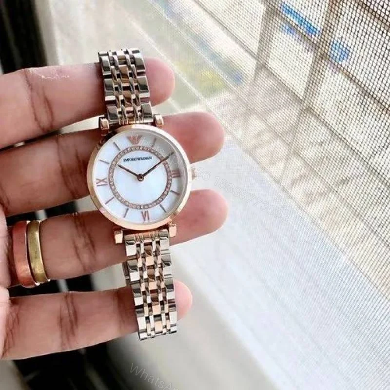 First Copy Emporio Armani Silver Rose Gold White Dial Roman Marker Diamond Bezel Women’s Analog Watch — view 1