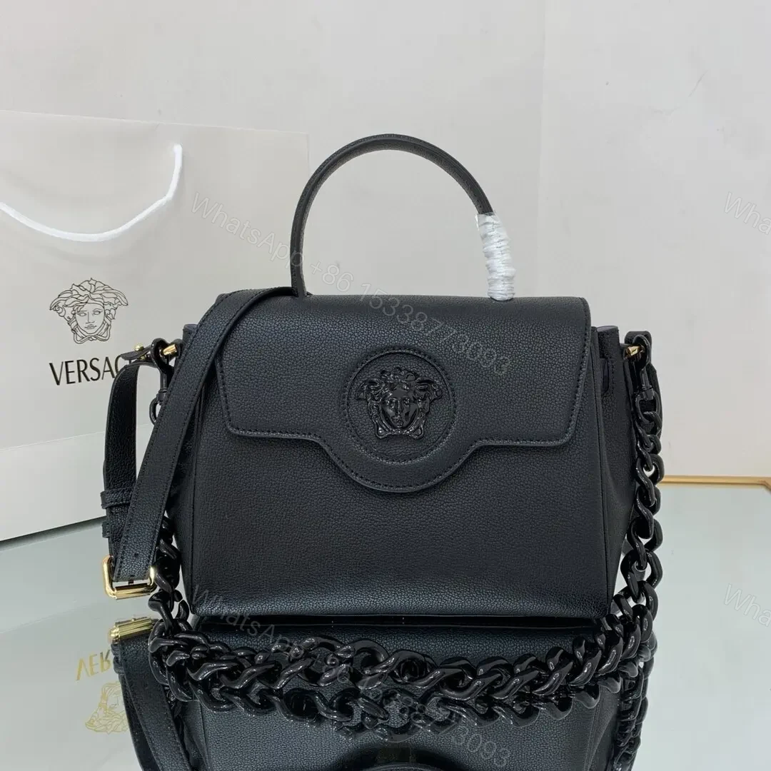 Versace La Medusa medium top handle bag in black grained leather — view 1