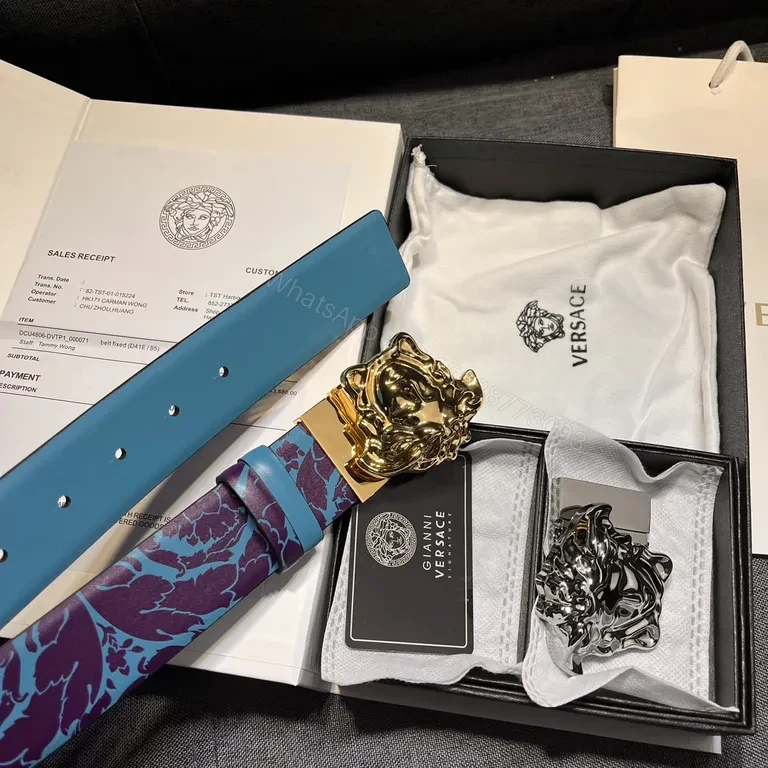 View 9 of Blue Violet Floral Leather Belt with Gold Lion Buckle