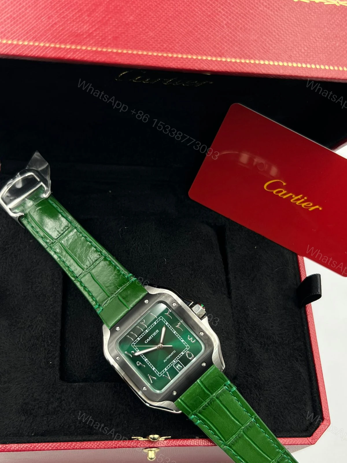 Cartier Santos Green Dial and Green Leather Strap — view 1