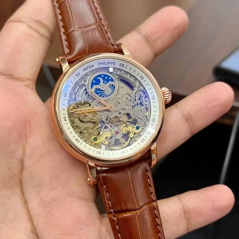First Copy Patek Philippe Skeleton Moonphase Automatic Watch With Brown Leather Strap And Luxury Finish — view 1