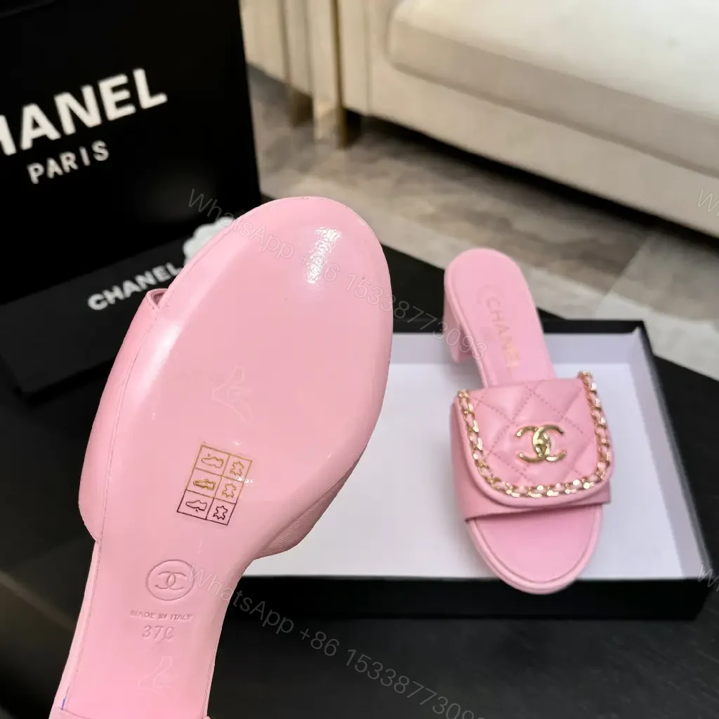 View 8 of Pink Quilted Slides with Chain Detail - Open-Toe Mid-Heel Sandals