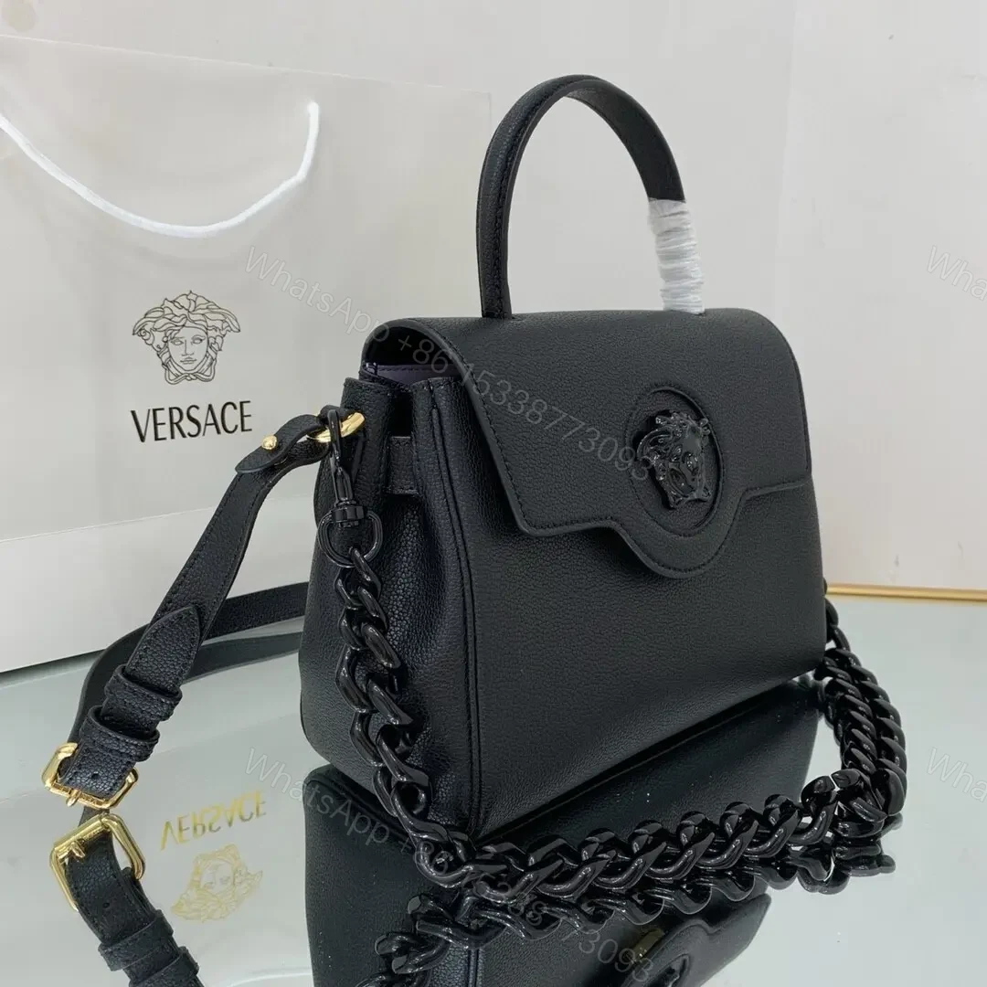 View 6 of Versace La Medusa medium top handle bag in black grained leather