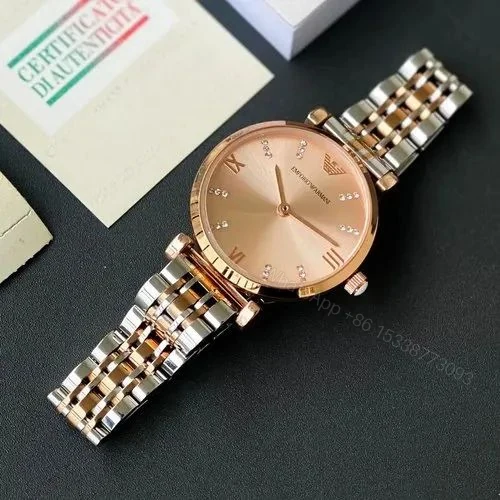 First Copy Emporio Armani Silver Rose Gold Champagne Dial Diamond Marker Women’s Analog Watch — view 1