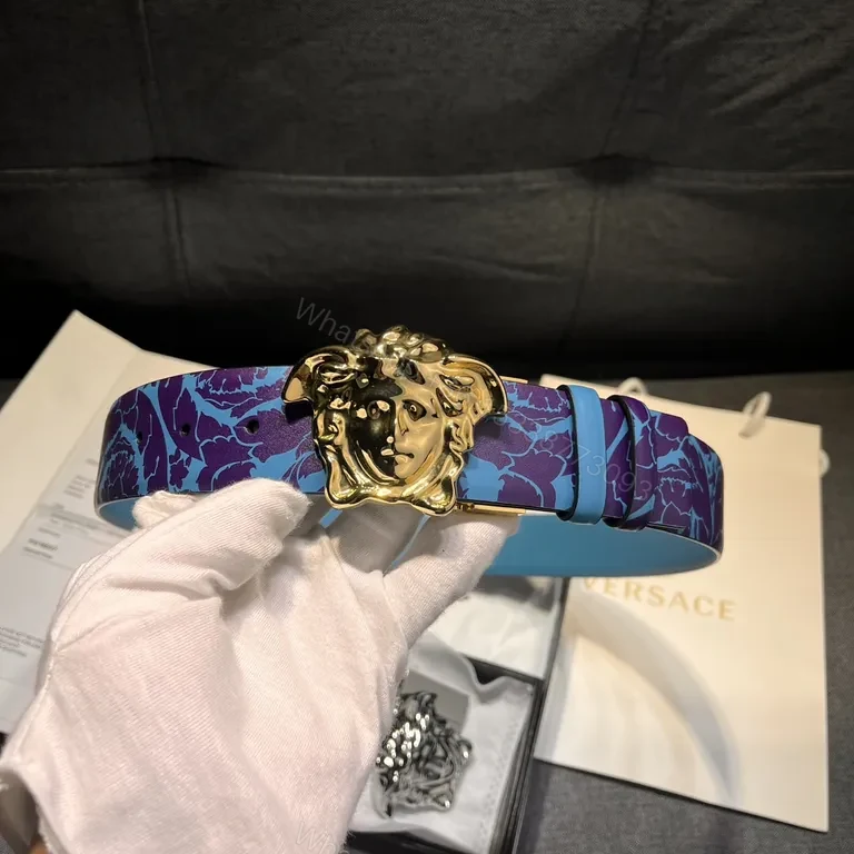 View 6 of Blue Violet Floral Leather Belt with Gold Lion Buckle