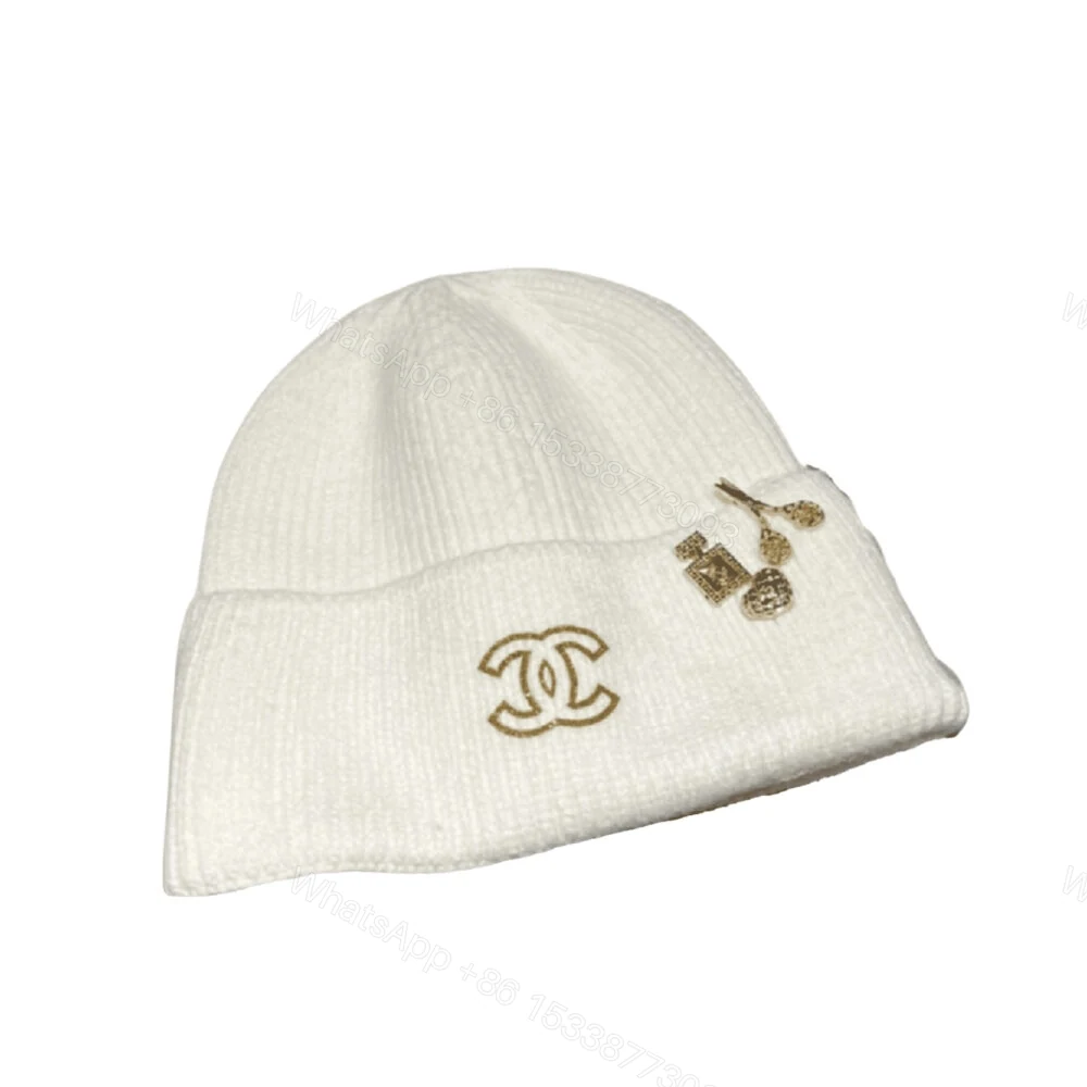 Chanel Gold CC Wool Beanie White — view 1