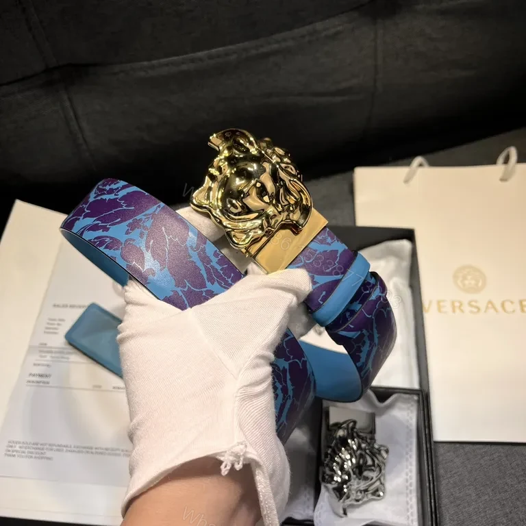 Blue Violet Floral Leather Belt with Gold Lion Buckle — view 1