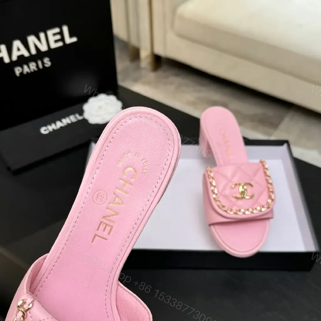 View 5 of Pink Quilted Slides with Chain Detail - Open-Toe Mid-Heel Sandals