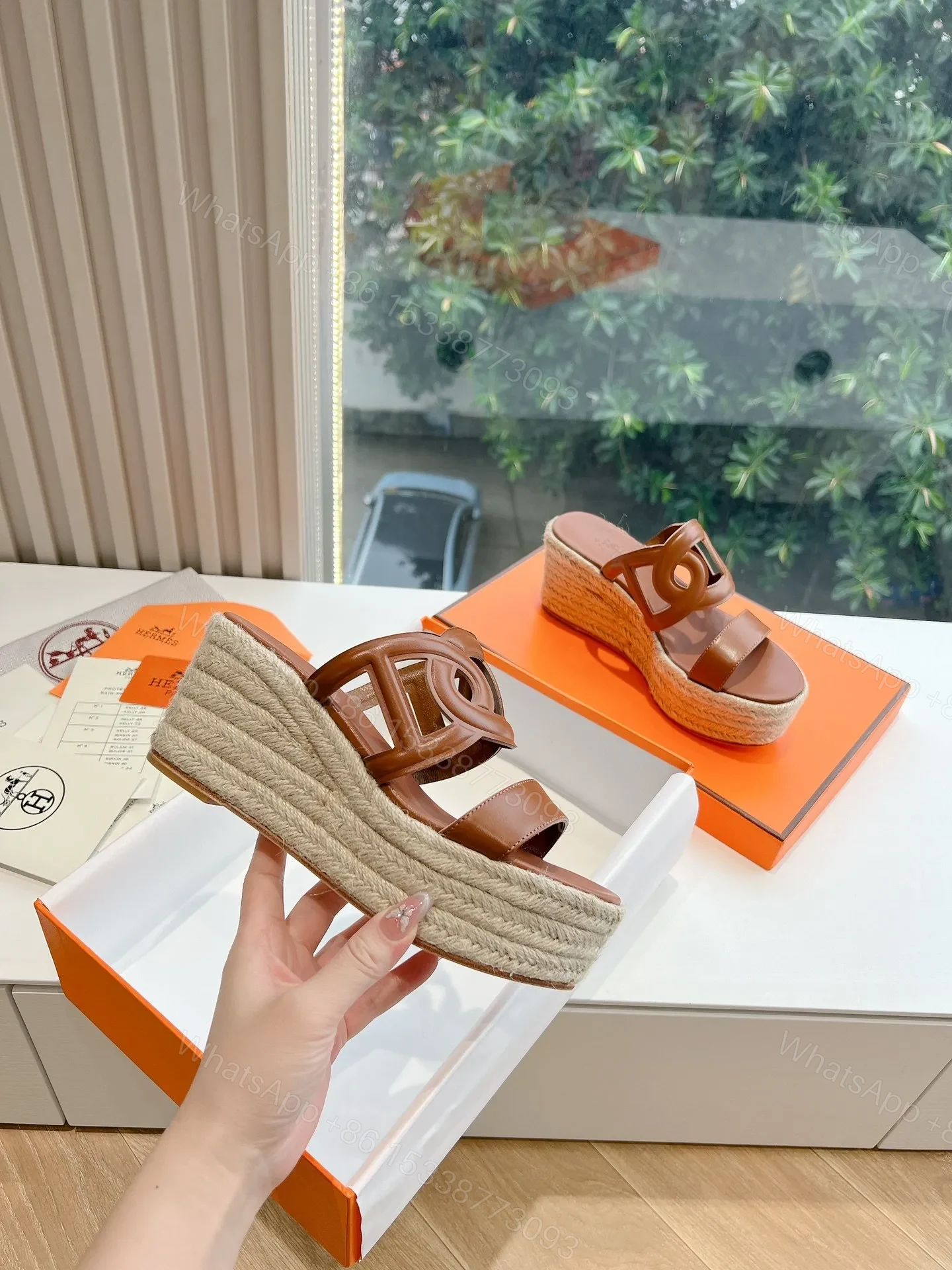 View 5 of Hermes Women Brown Leather Espadrille Sandals