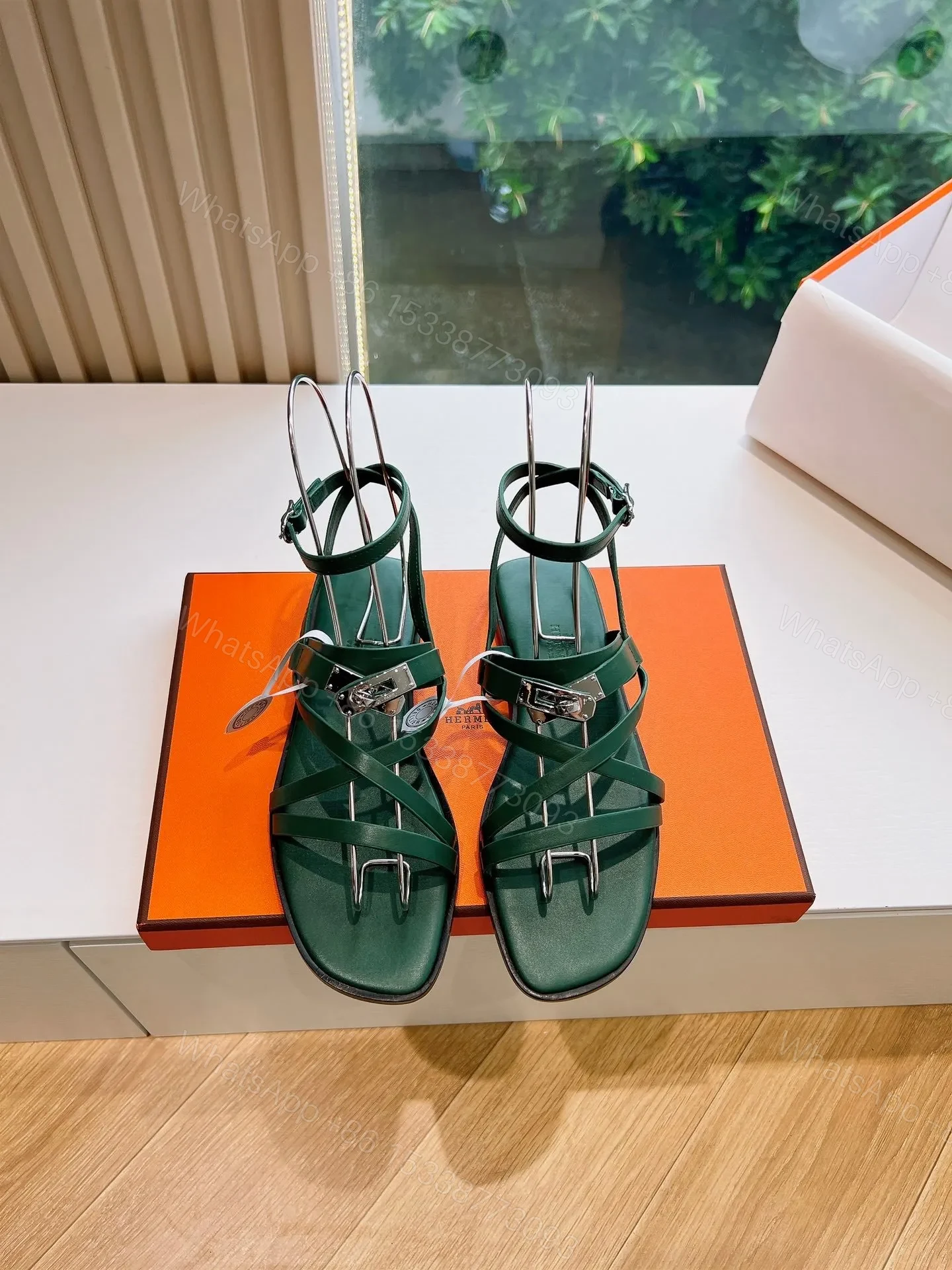Hermes Women Green Leather Strappy Sandals — view 1