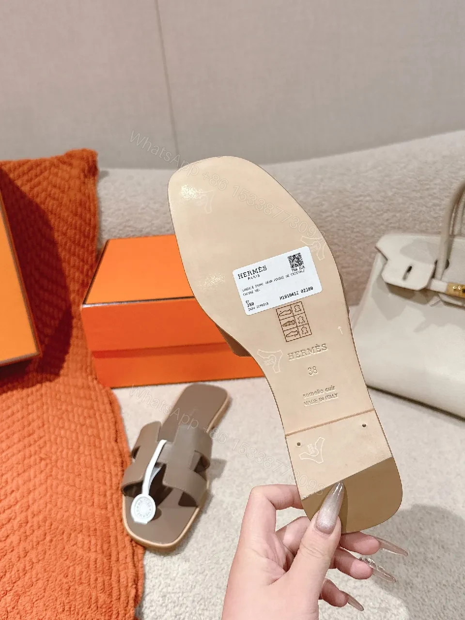View 5 of Taupe Leather Sandals: Architectural Cutouts, Cushioned Comfort