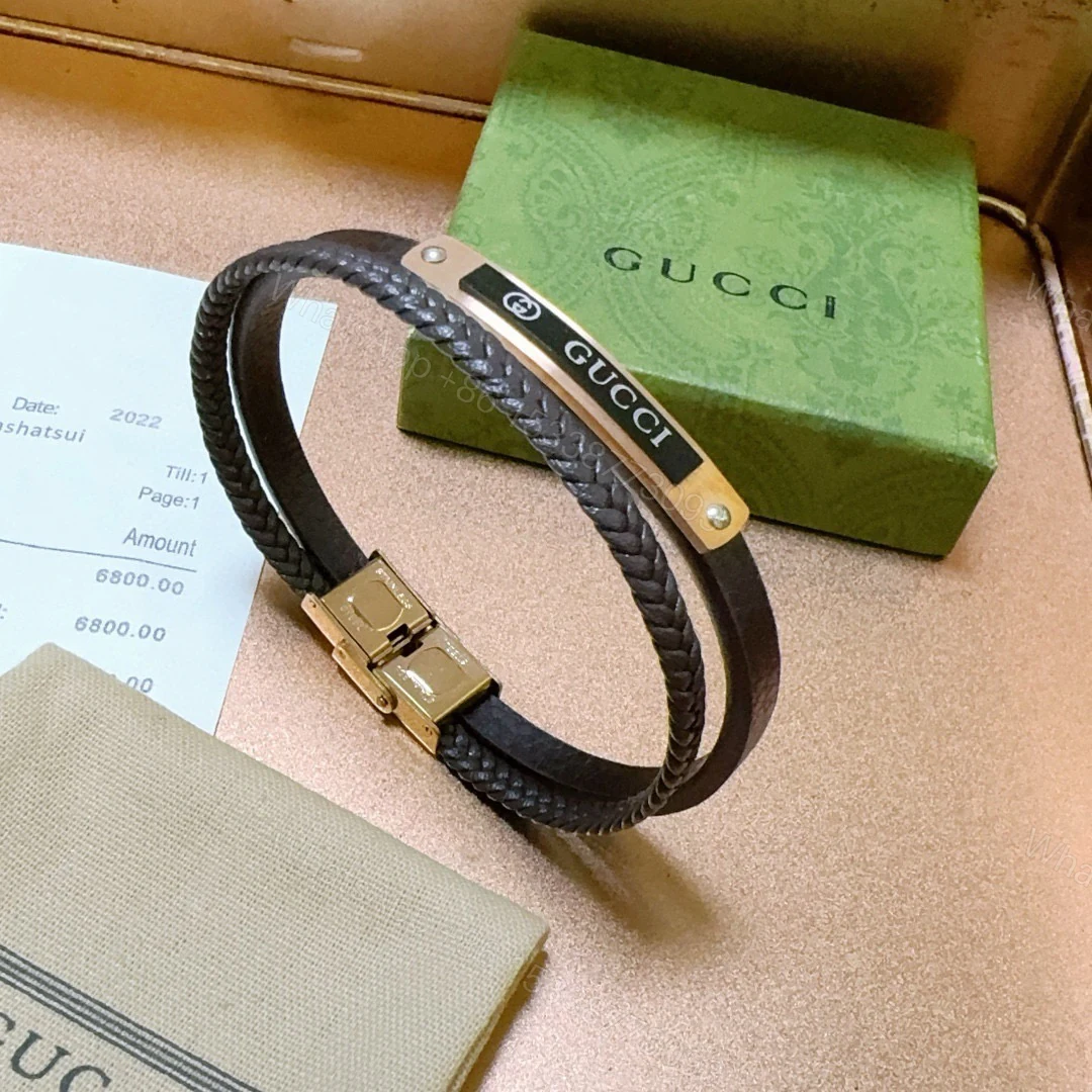 Gucci原單皮革手環男款雙圈設計金屬品牌標飾穩重風格 — view 1