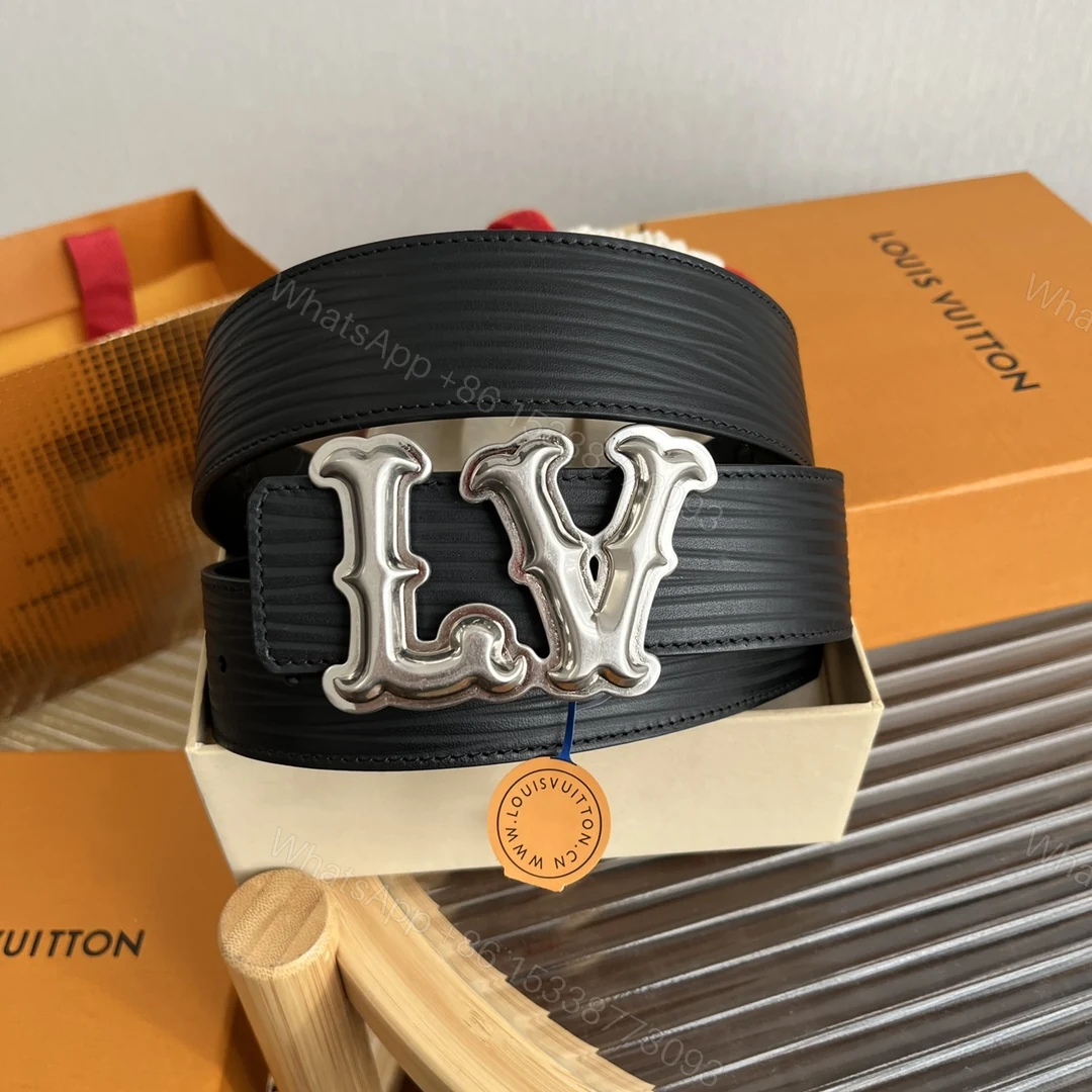 LV 一比一浮雕黑皮銀飾復古LV字母扣男士精品腰帶 — view 1