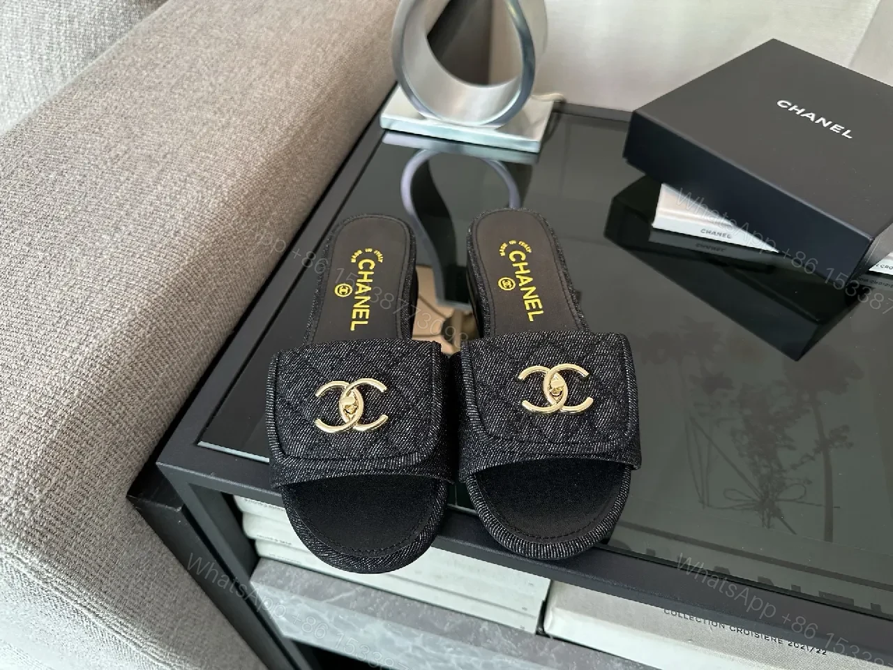 View 9 of Chic Denim Slip-Ons with Gold Interlock Hardware